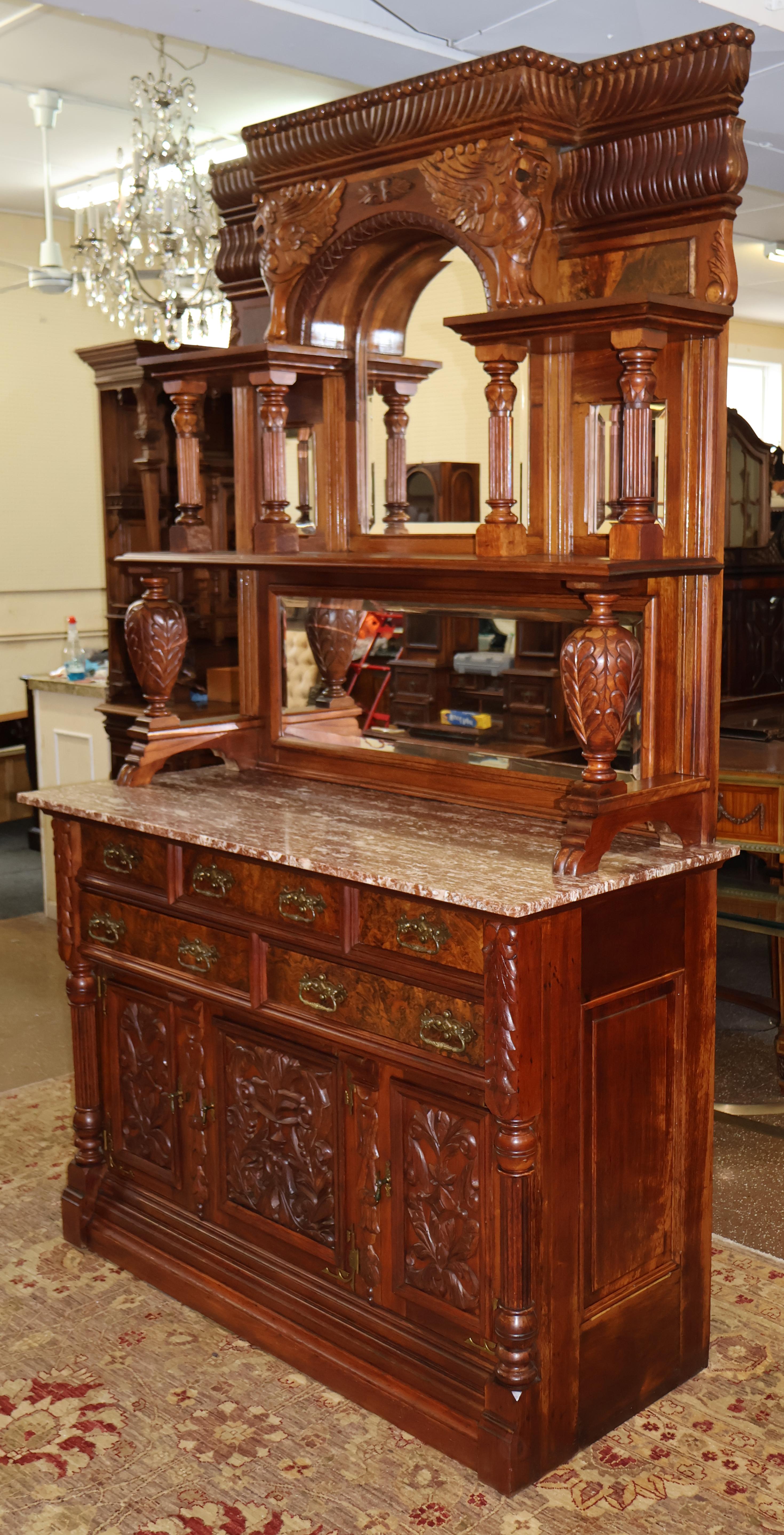 19th Century Griffin Eastlake Burl Walnut Marble Top Buffet Sideboard For Sale 2