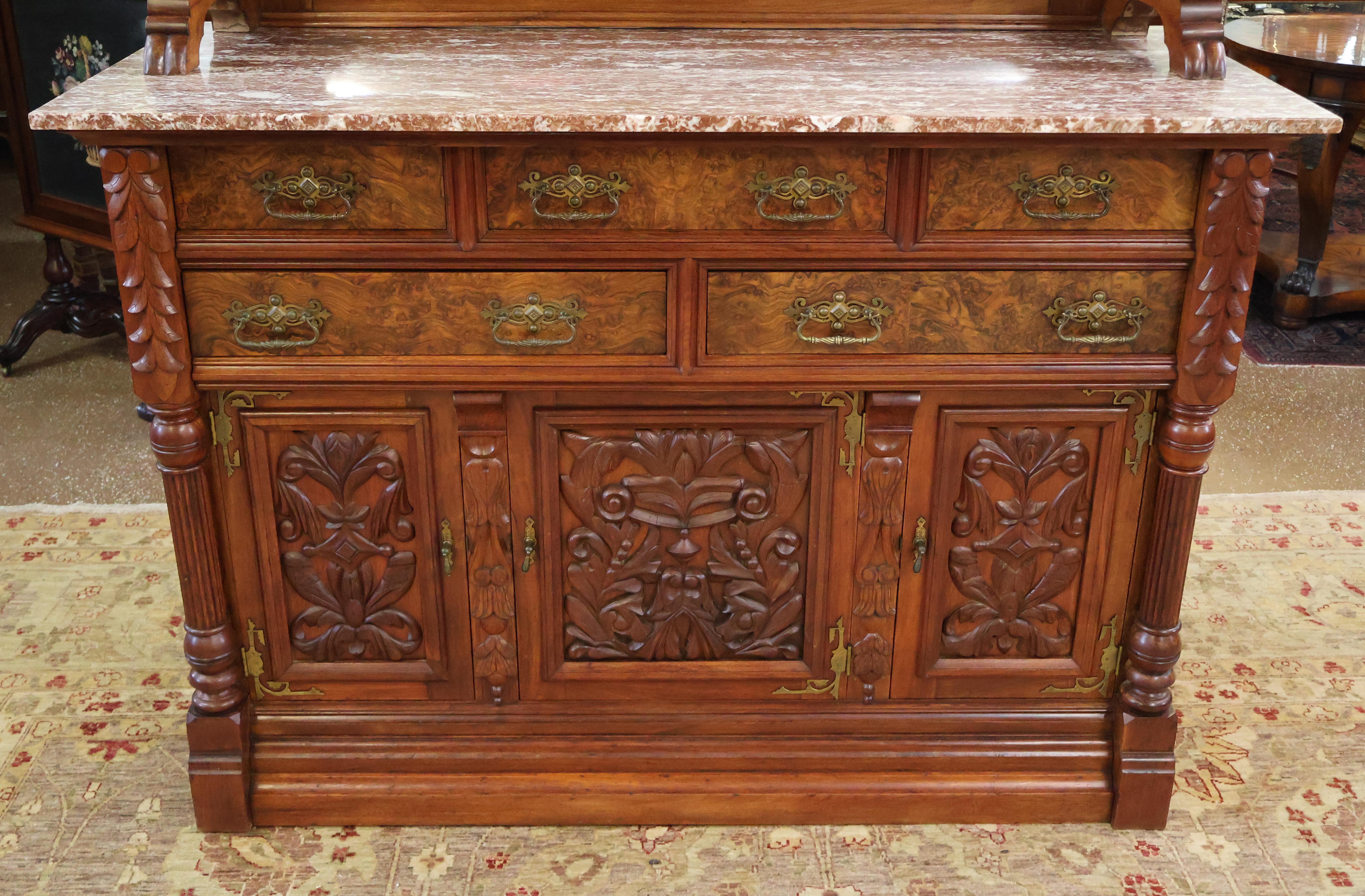 19th Century Griffin Eastlake Burl Walnut Marble Top Buffet Sideboard For Sale 3