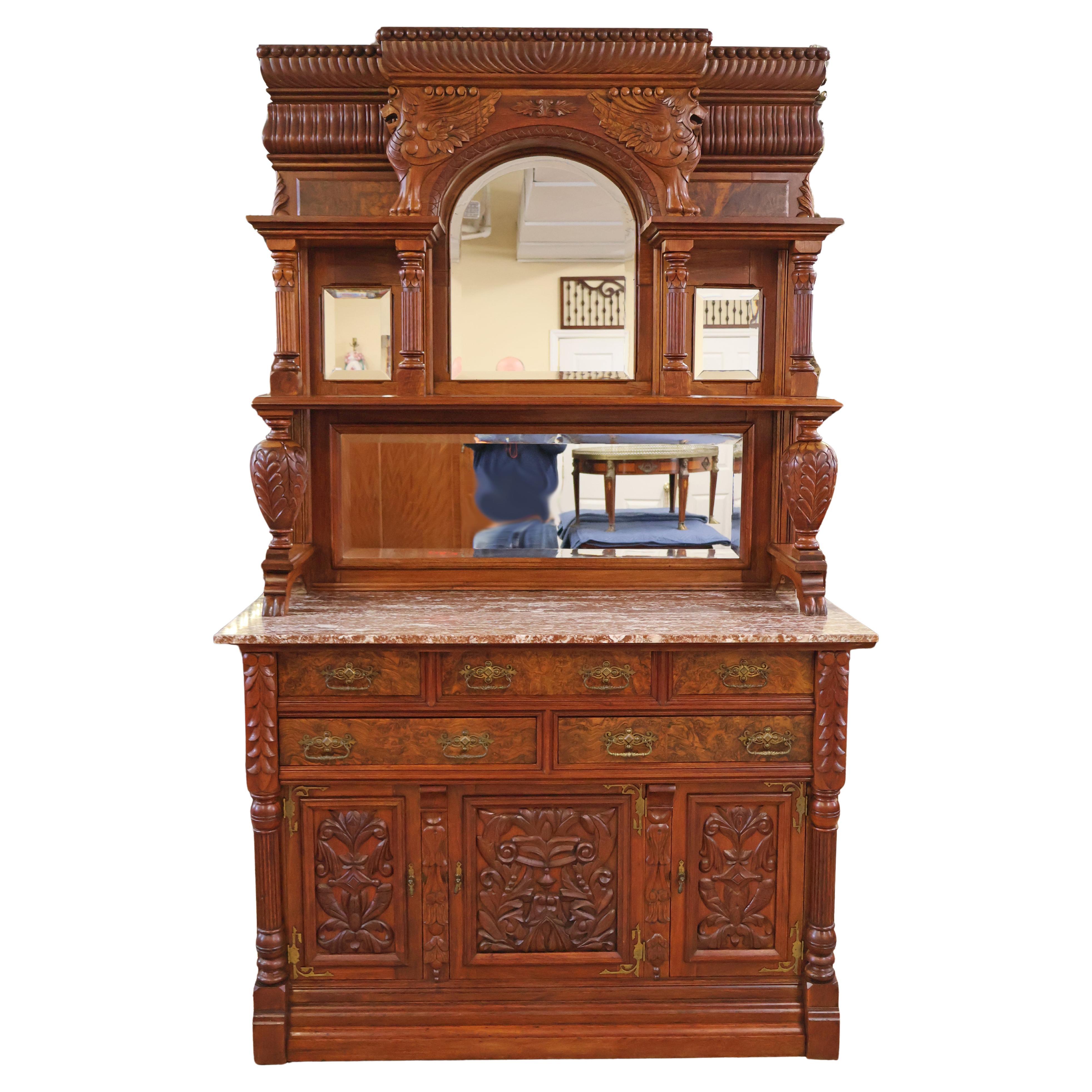 19th Century Griffin Eastlake Burl Walnut Marble Top Buffet Sideboard