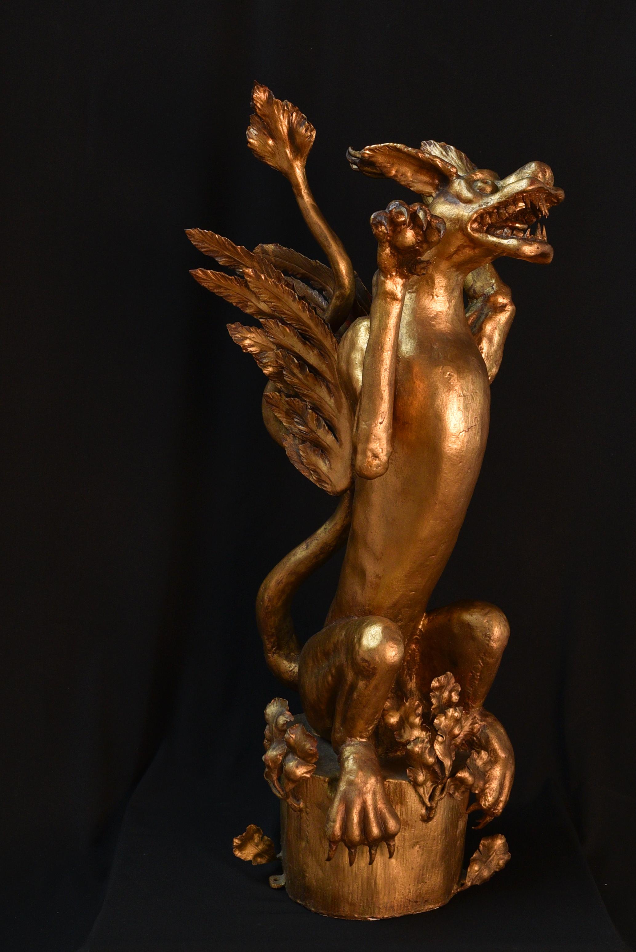 19th Century 19th century griffin in gilded iron on a gothic wooden pedestal (Germany) For Sale
