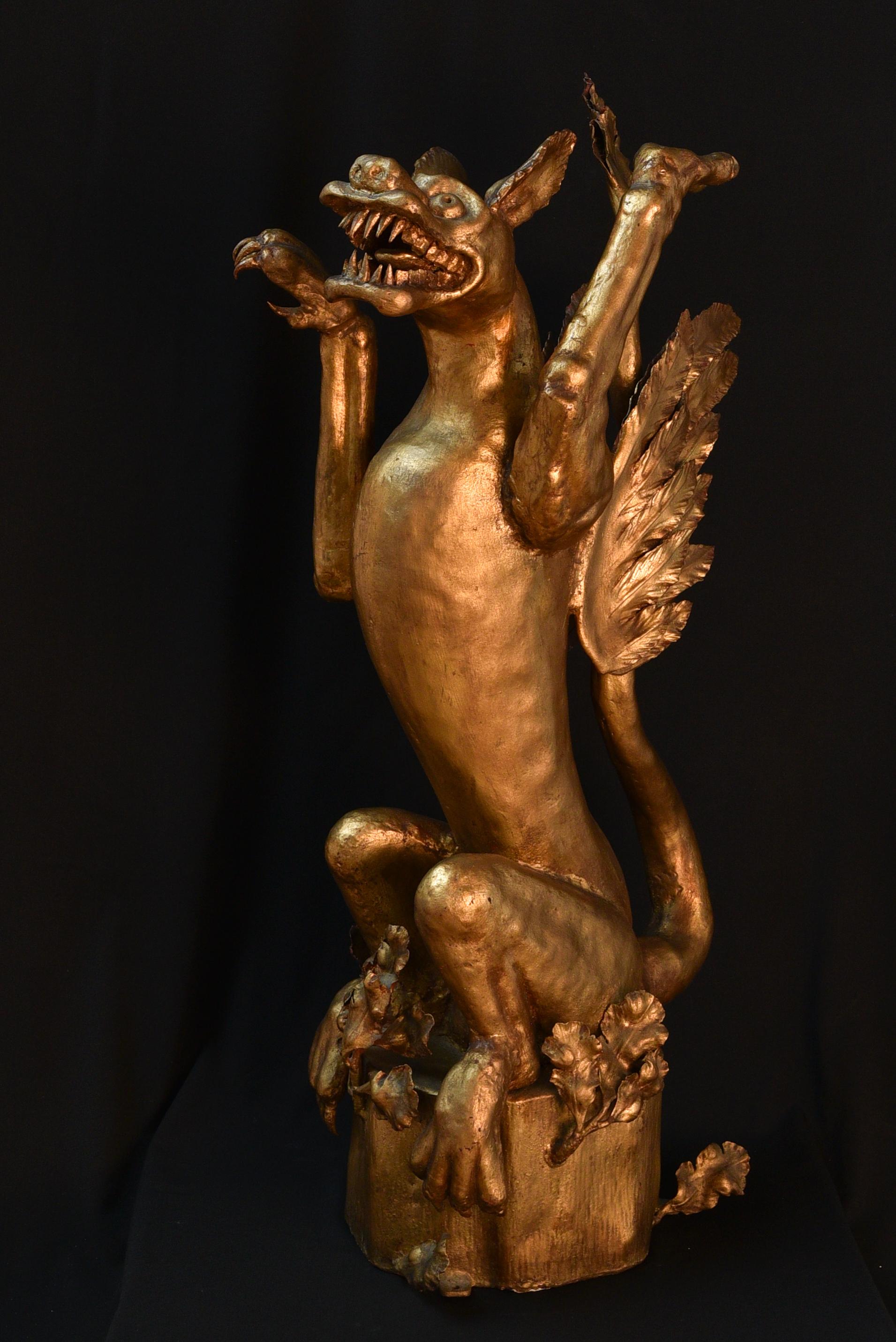 Iron 19th century griffin in gilded iron on a gothic wooden pedestal (Germany) For Sale