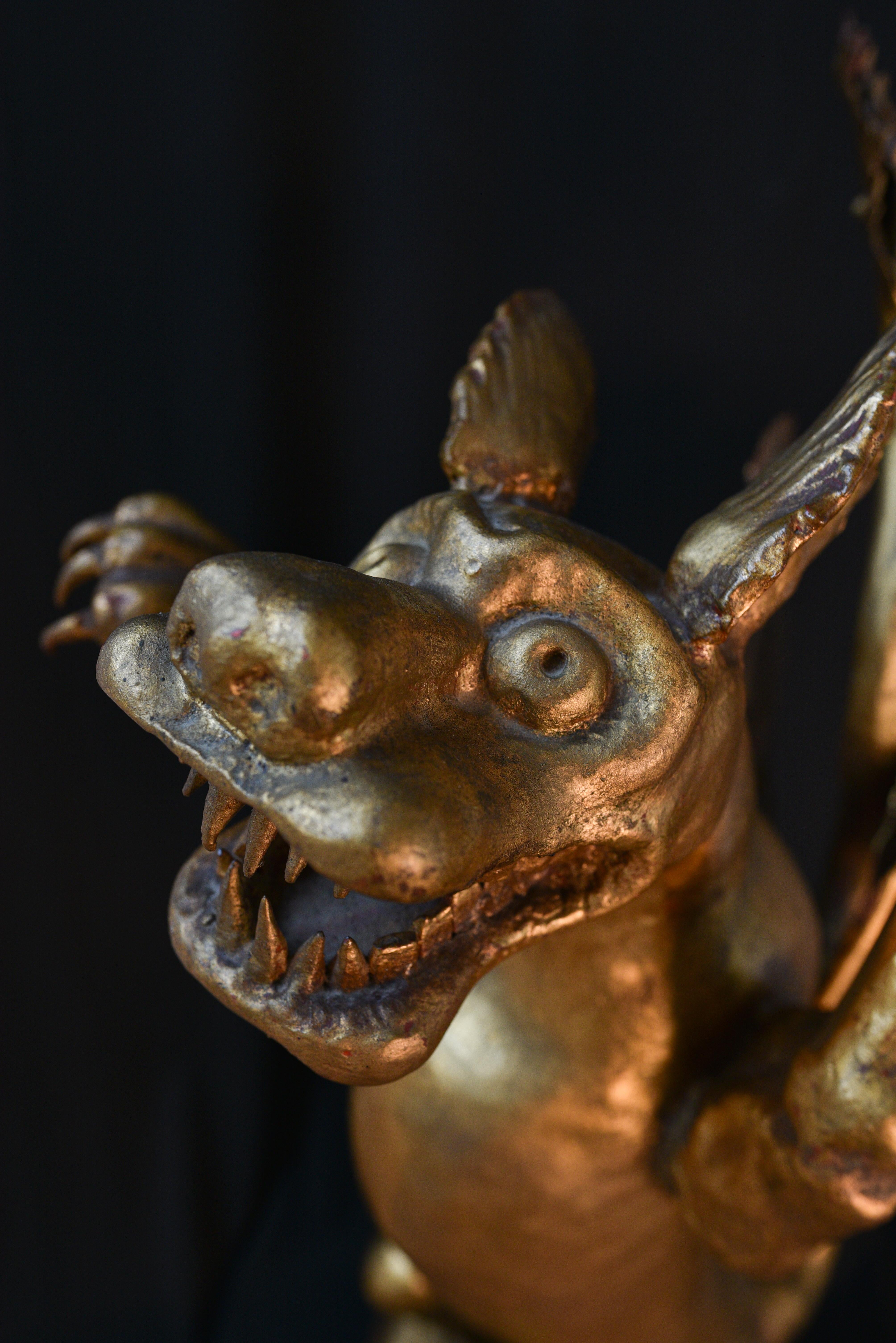 19th century griffin in gilded iron on a gothic wooden pedestal (Germany) For Sale 2