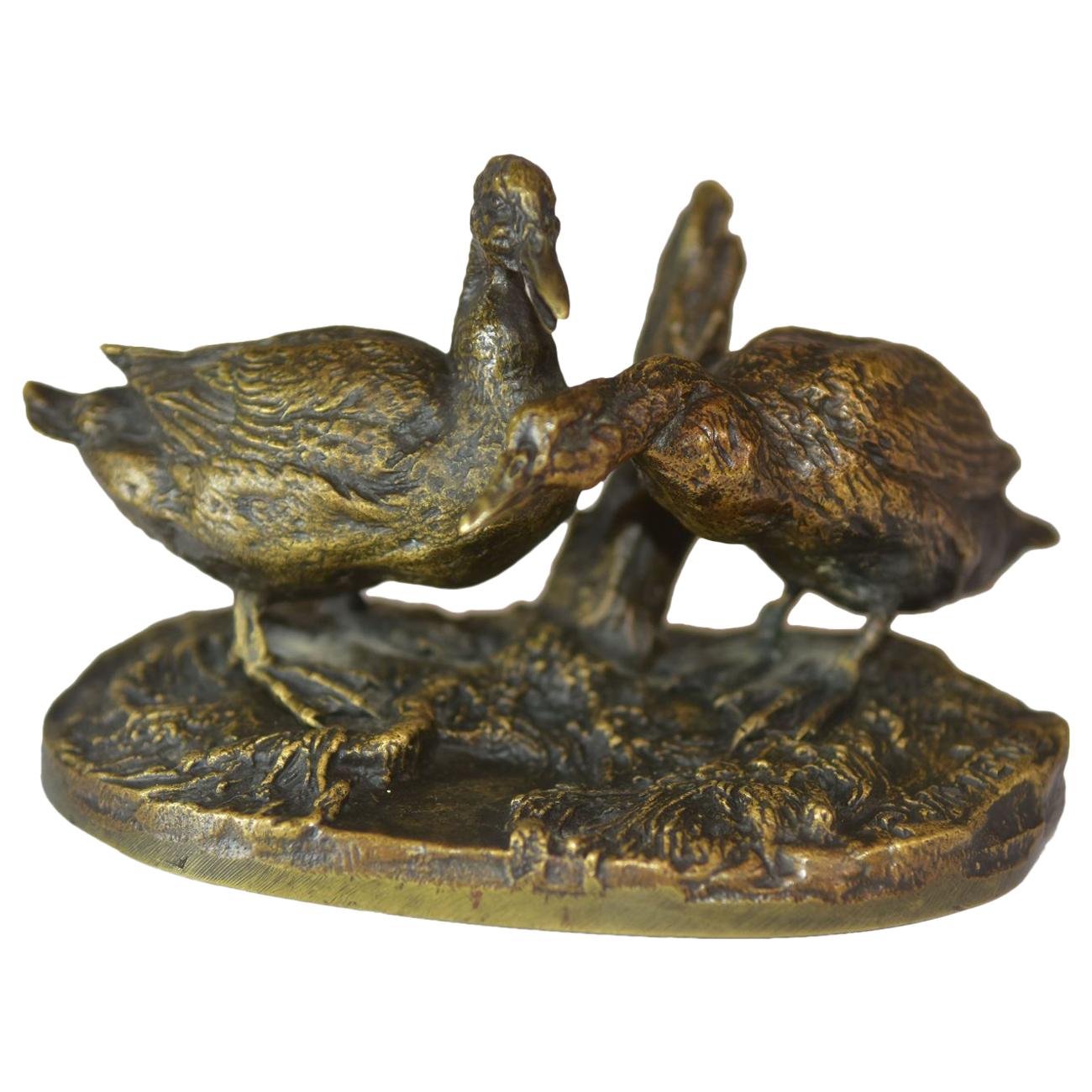 19th Century Group of Ducks in Patinated Bronze Medal of P. J Mène