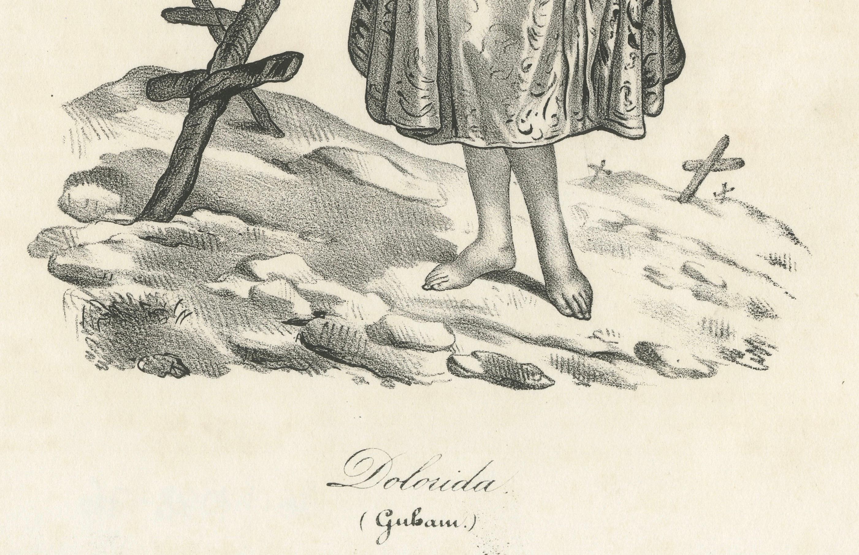 Titolo: Litografia in costume da lutto di Guam del XIX secolo - Dolorida, isola di Gubam  

Descrizione:  Questa toccante litografia, intitolata 