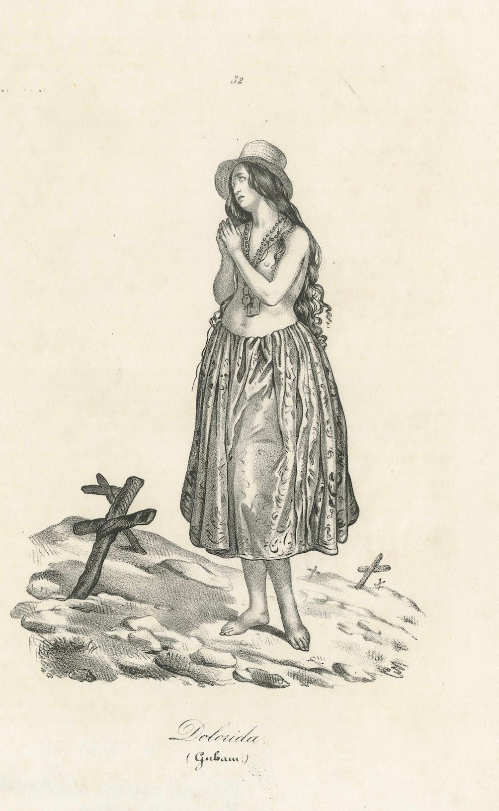Metà XIX secolo Litografia in costume da lutto di Guam del XIX secolo - Dolorida, Isola di Gubam in vendita