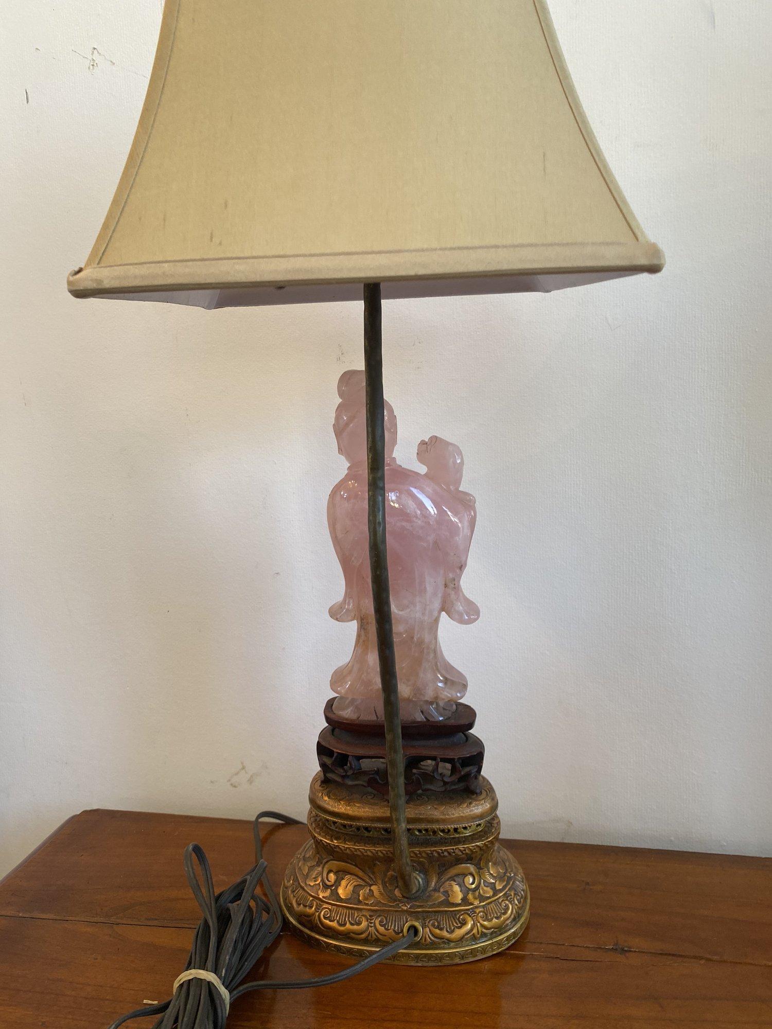 Asian 19th Century Guanyin Carving Foo Dog Rose Quartz Lamp