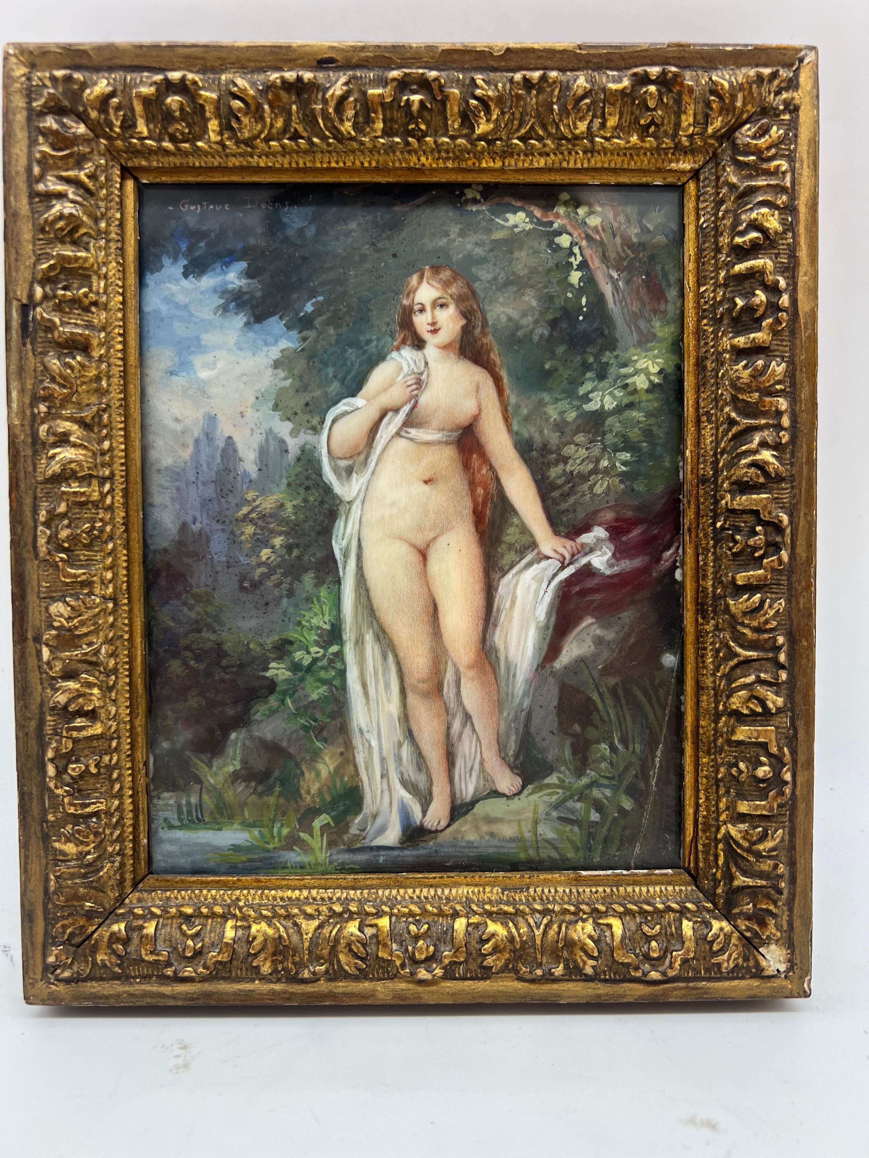 Giltwood 19th Century, Gustave Doens Painting on Celluloid of A French Nude Beauty For Sale