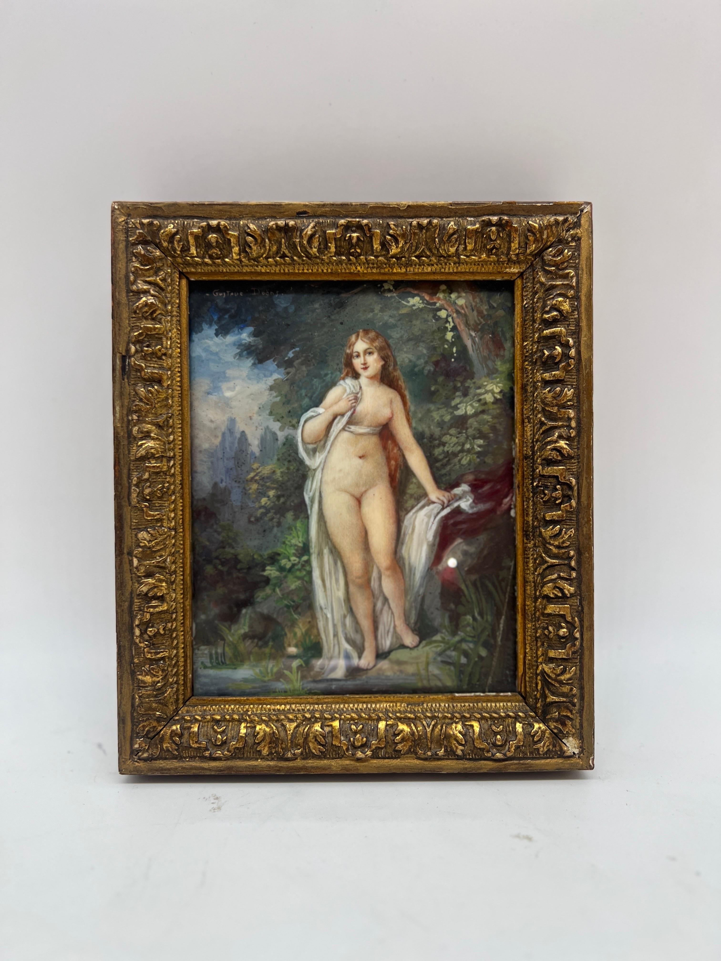 19th Century, Gustave Doens Painting on Celluloid of A French Nude Beauty For Sale 1