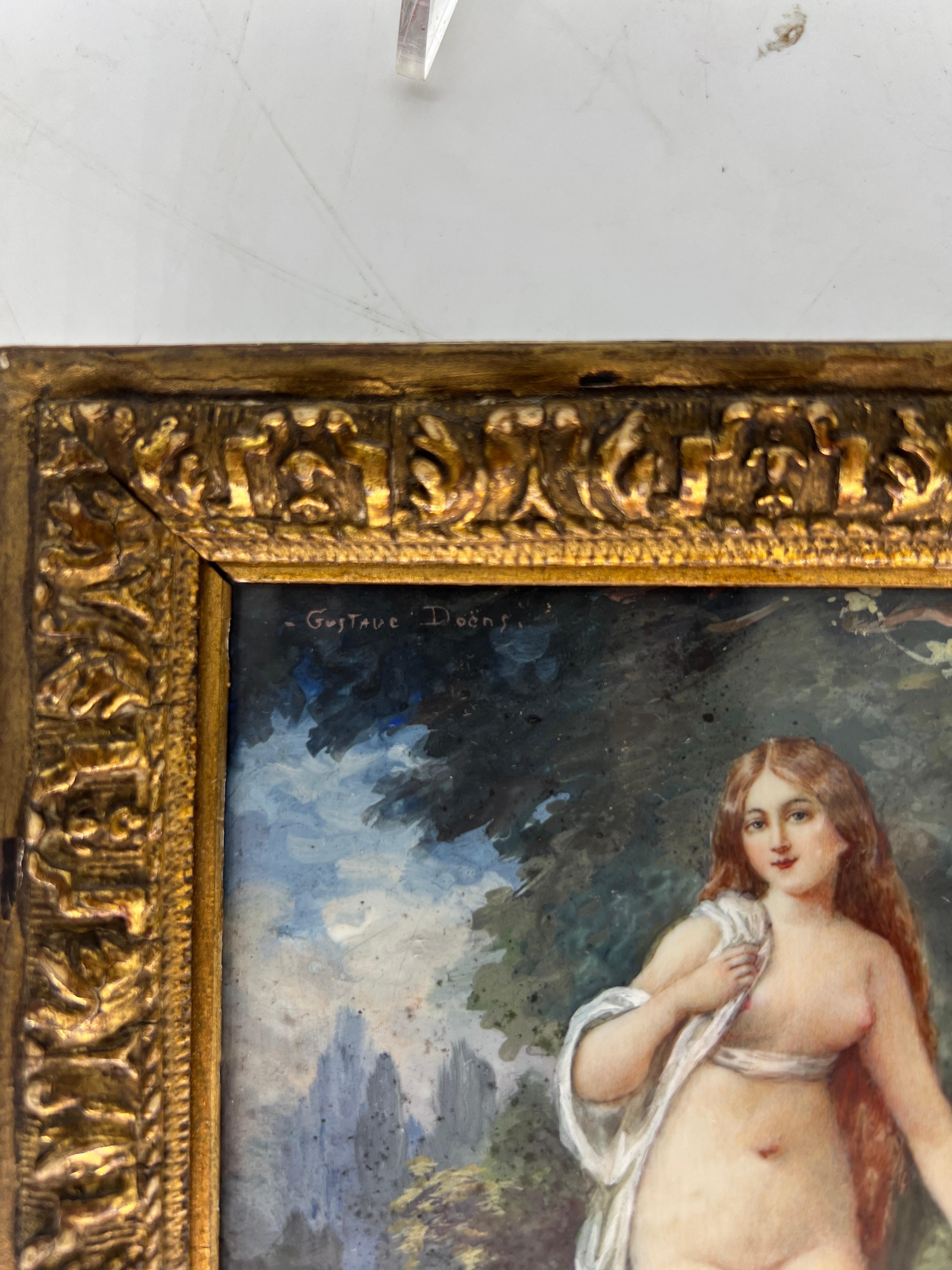 19th Century, Gustave Doens Painting on Celluloid of A French Nude Beauty For Sale 3
