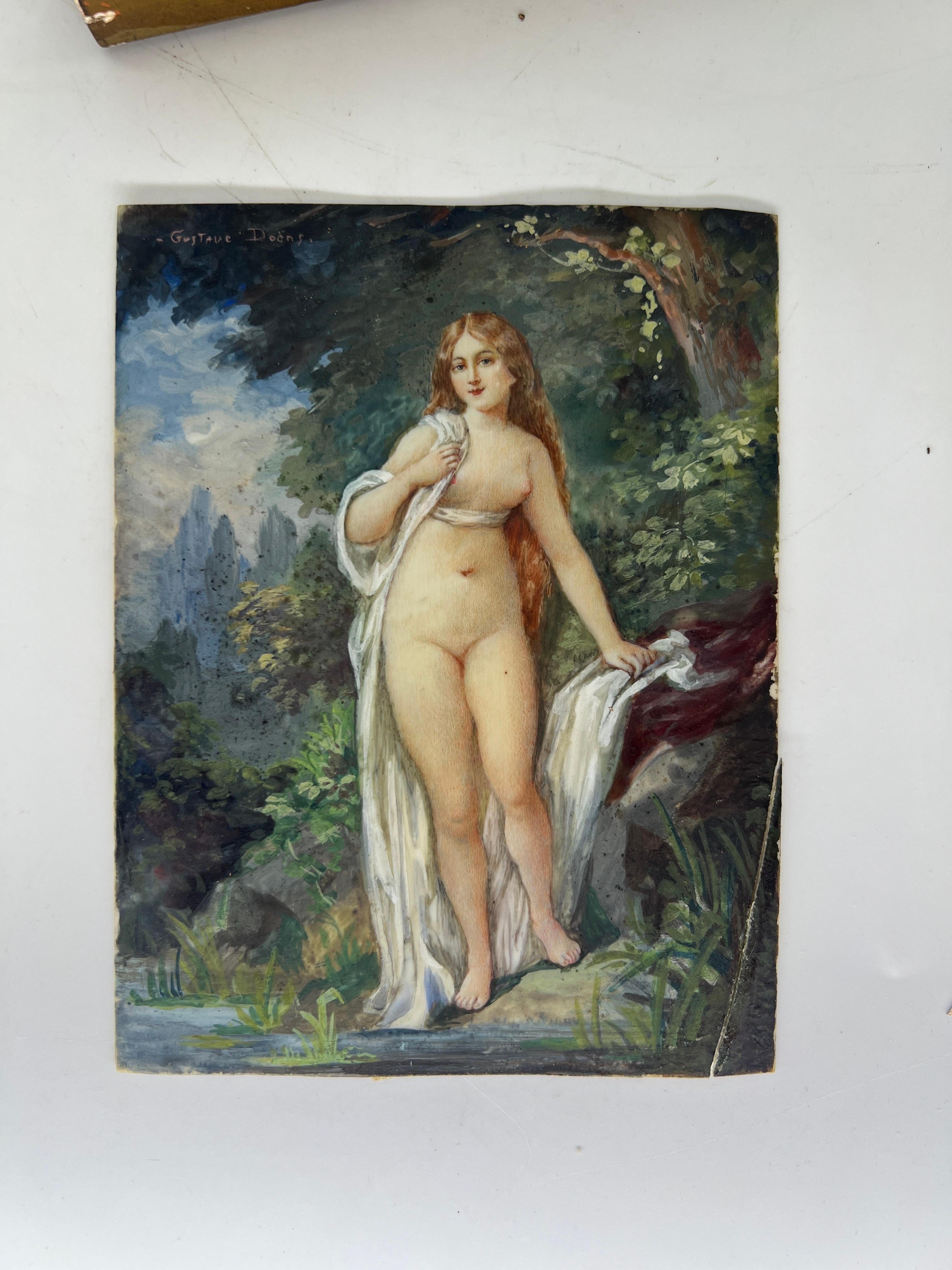 19th Century, Gustave Doens Painting on Celluloid of A French Nude Beauty For Sale 5