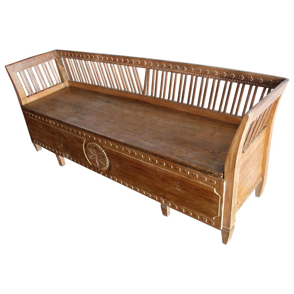 19th Century Gustavian Period Swedish Pine Bench with Storage For Sale