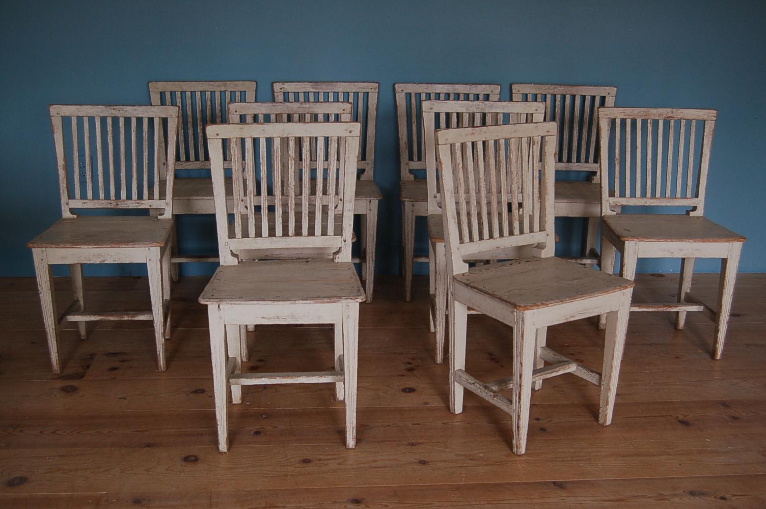 Hand-Carved 19th Century Gustavian Slat-back Chairs, Set of Ten, Origin: Sweden, Circa 1810