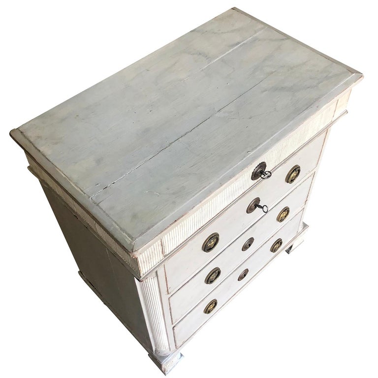 Hand-Carved 19th Century White Swedish Gustavian Neoclassical Chest, Pinewood Nightstand For Sale
