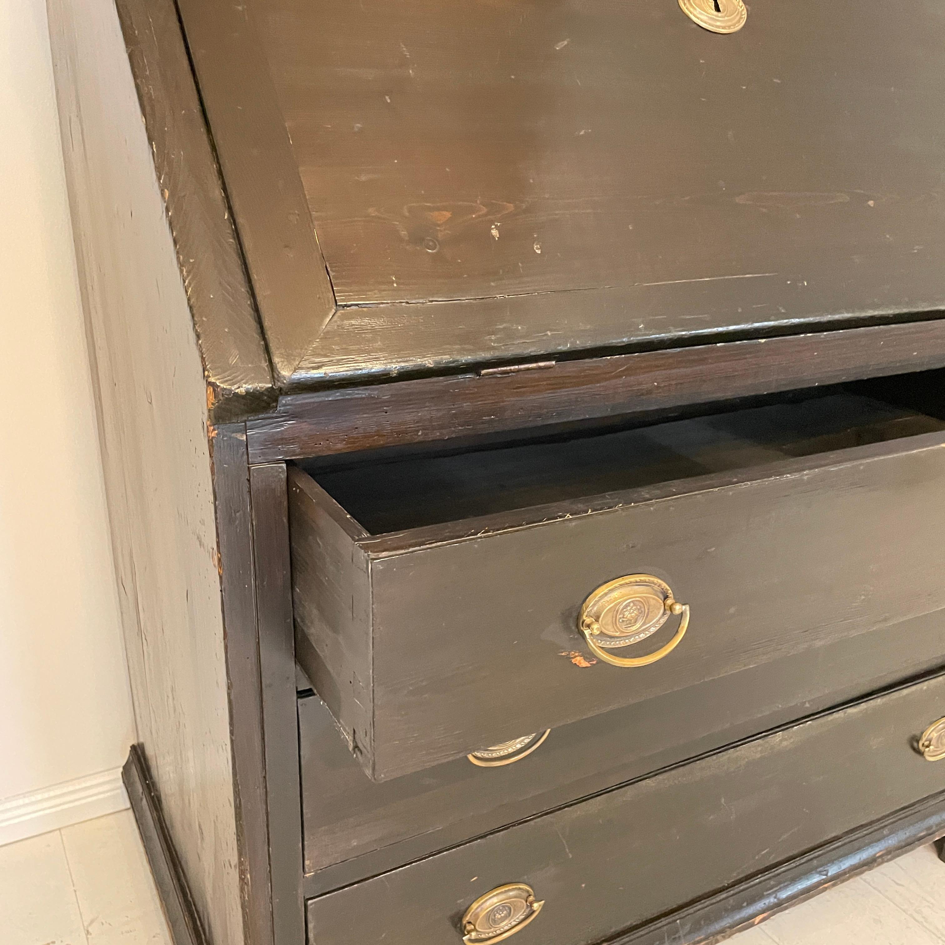 Pine 19th Century Gustavian Tall Black Writing Desk Secretaire, Sweden 1820