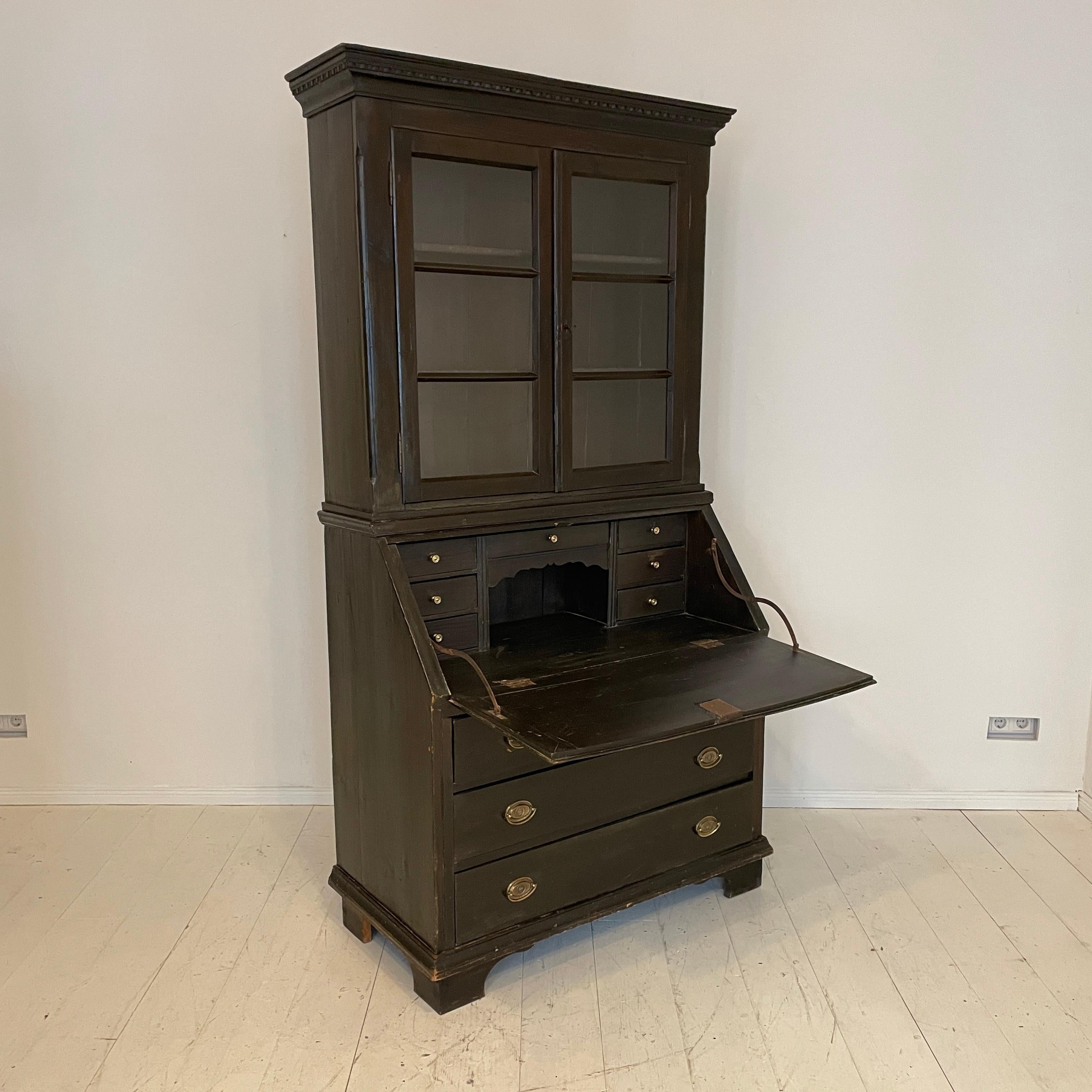 19th Century Gustavian Tall Black Writing Desk Secretaire, Sweden 1820 1