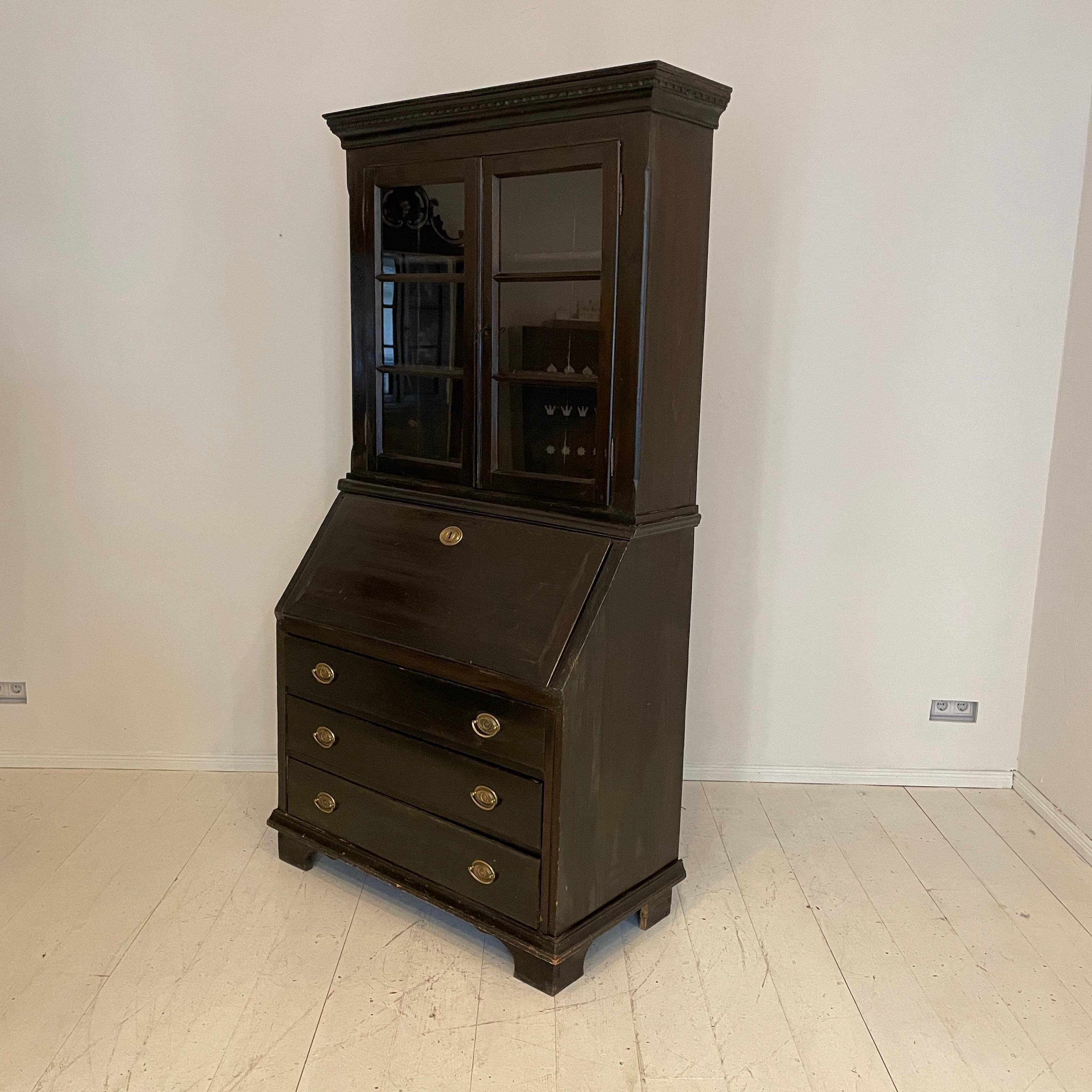 19th Century Gustavian Tall Black Writing Desk Secretaire, Sweden 1820 4