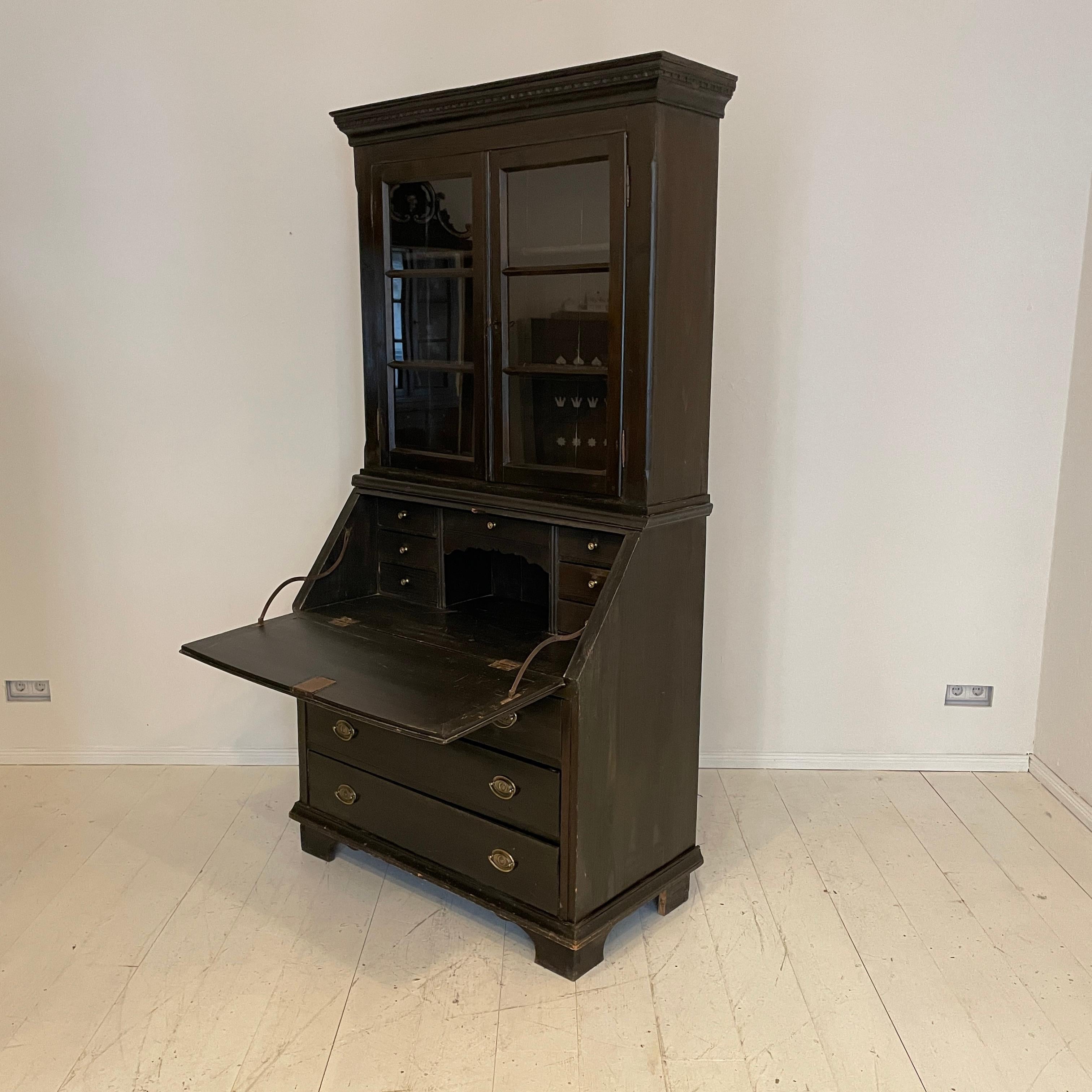 Hand-Painted 19th Century Gustavian Tall Black Writing Desk Secretaire, Sweden 1820