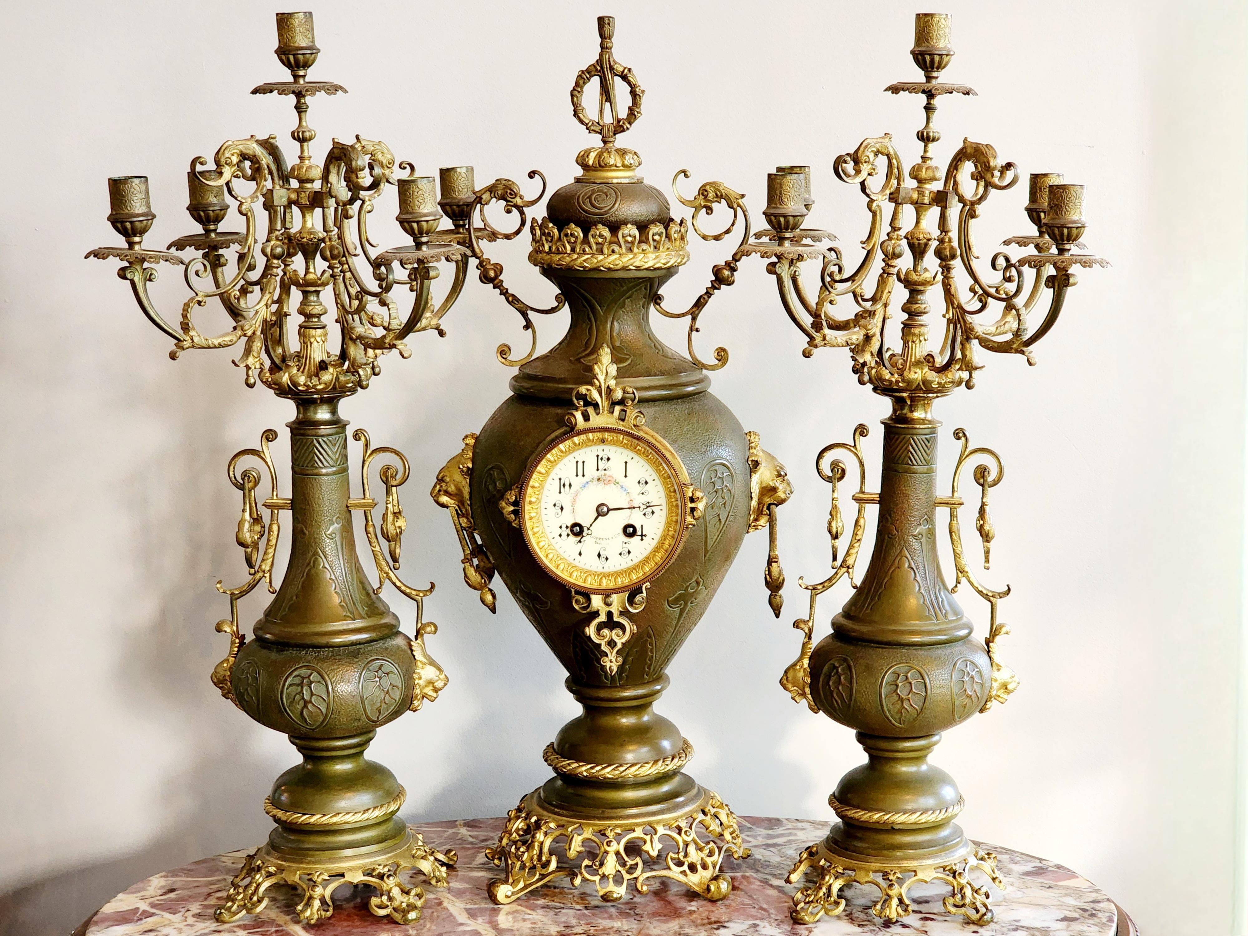 19th Century H Luppens & Cei Brussels Copper Brass Clock Candelabra Triunity- 3 For Sale 7