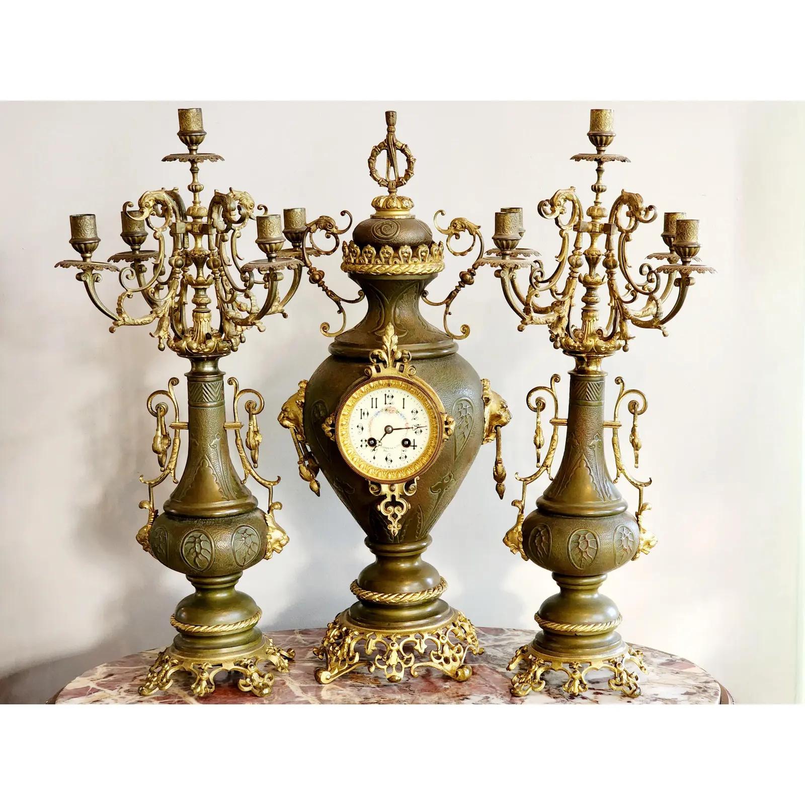 19th Century H Luppens & Cei Brussels Copper Brass Clock Candelabra Triunity- 3 For Sale 1
