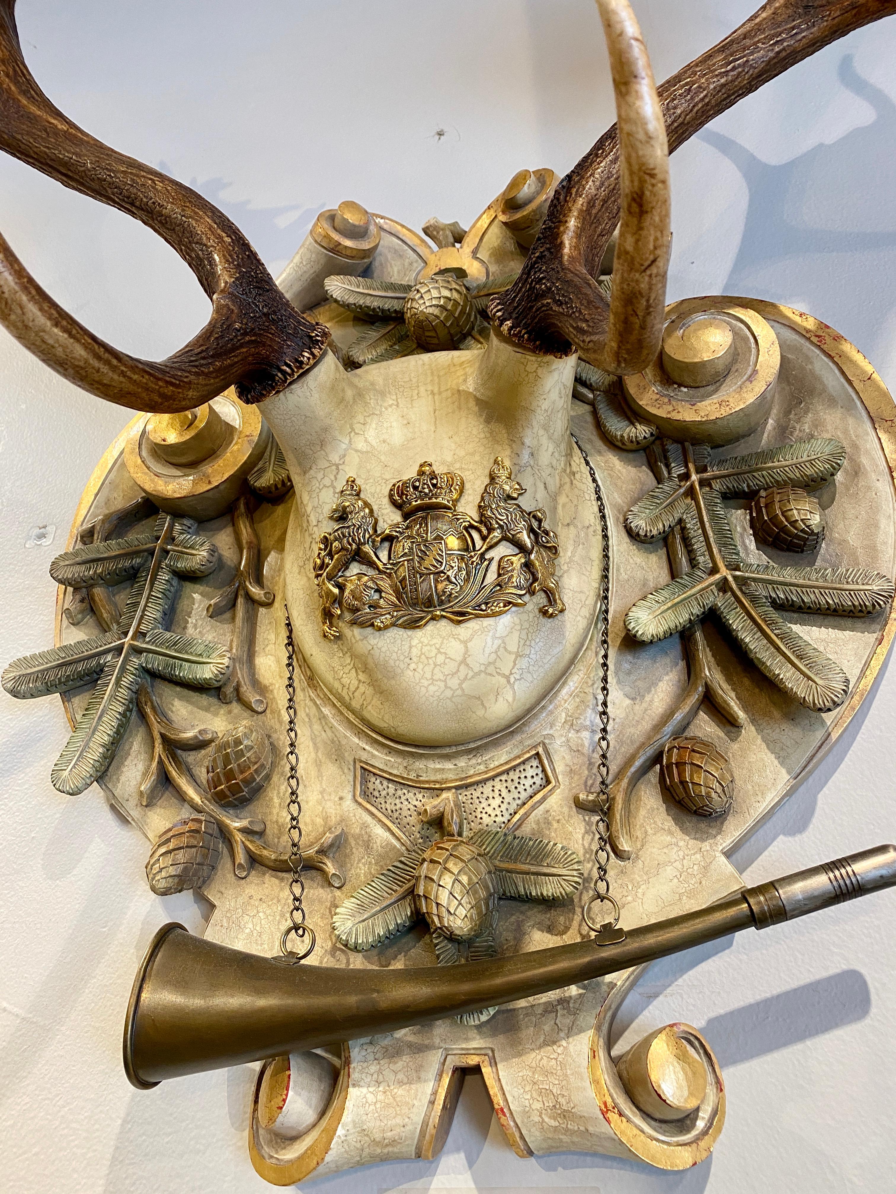 Austrian 19th Century Habsburg Fallow Trophy on Italian Polychrome Plaque with Hunt Horn