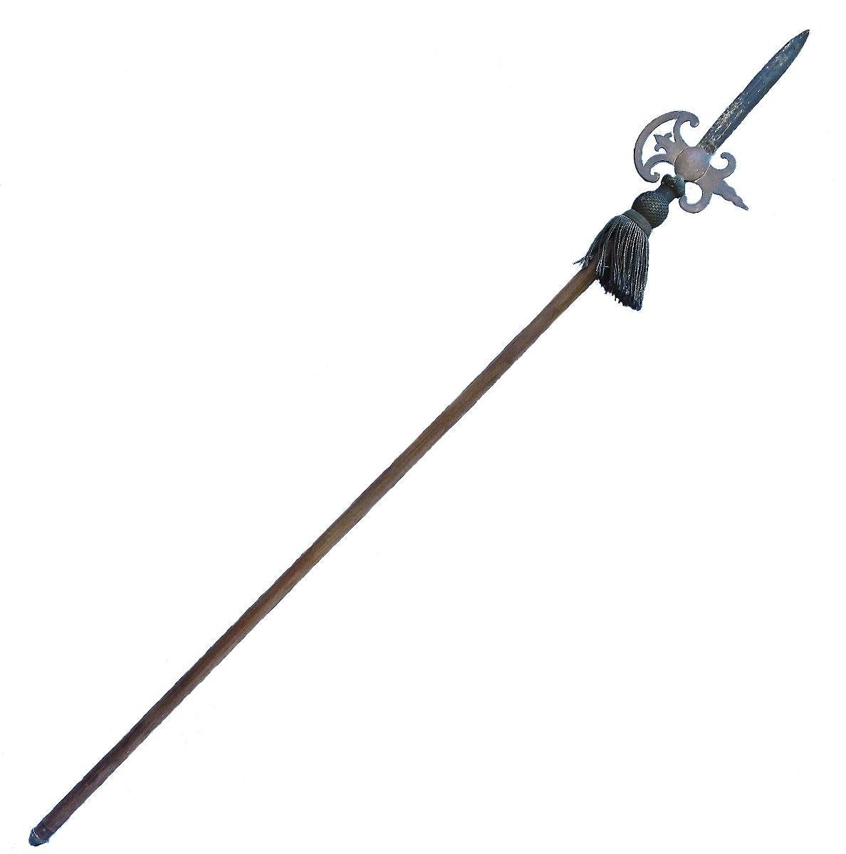 19th century halberd spear English medieval renaissance all original
Antique wall decoration
English country house or castle
Gilt brass
Wood pole with brass cap at base
Original metal tassel
Good antique condition with good patina due to