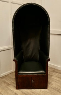 19th Century Hall Porters Chair, Black Leather, Adam Style, Antique