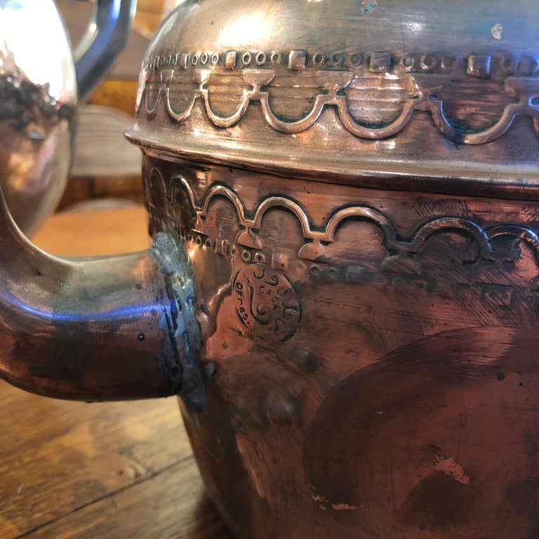 19th Century, Hammered Rustic Copper and Brass Kettle with Makers Mark