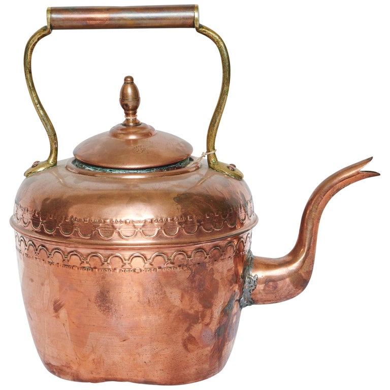 19th Century, Hammered Rustic Copper and Brass Kettle with Makers Mark