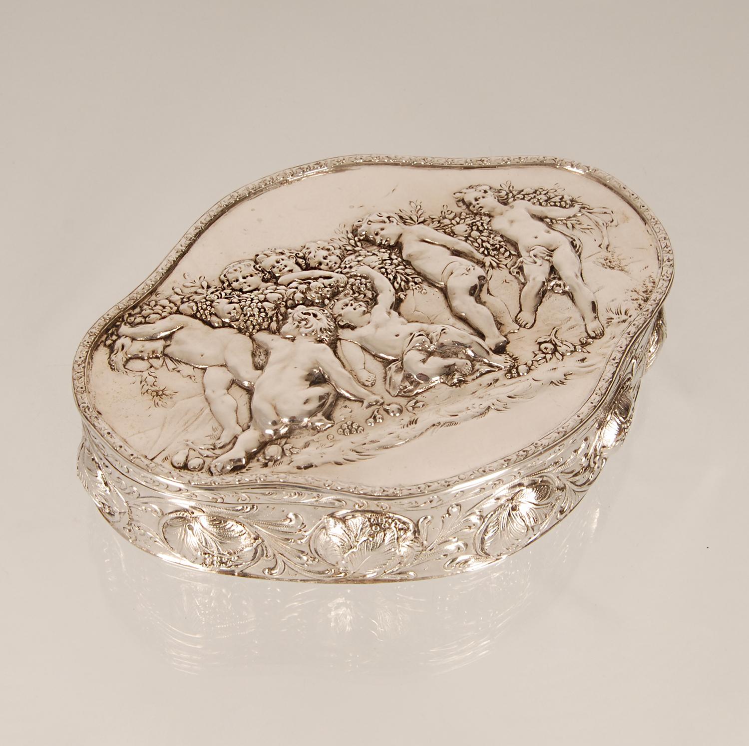 Rococo Revival Hanau Silver Jewelry Box J.D.Schleissner and Sons Antique German Casket Putto For Sale