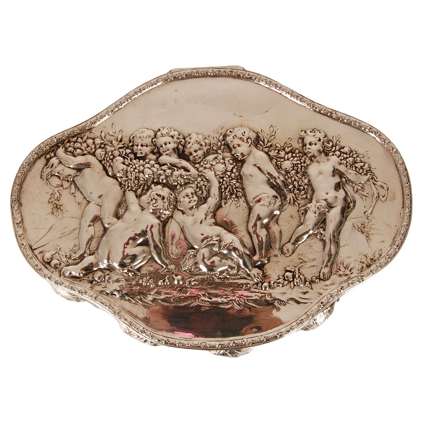 Hanau Silver Jewelry Box J.D.Schleissner and Sons Antique German Casket Putto For Sale