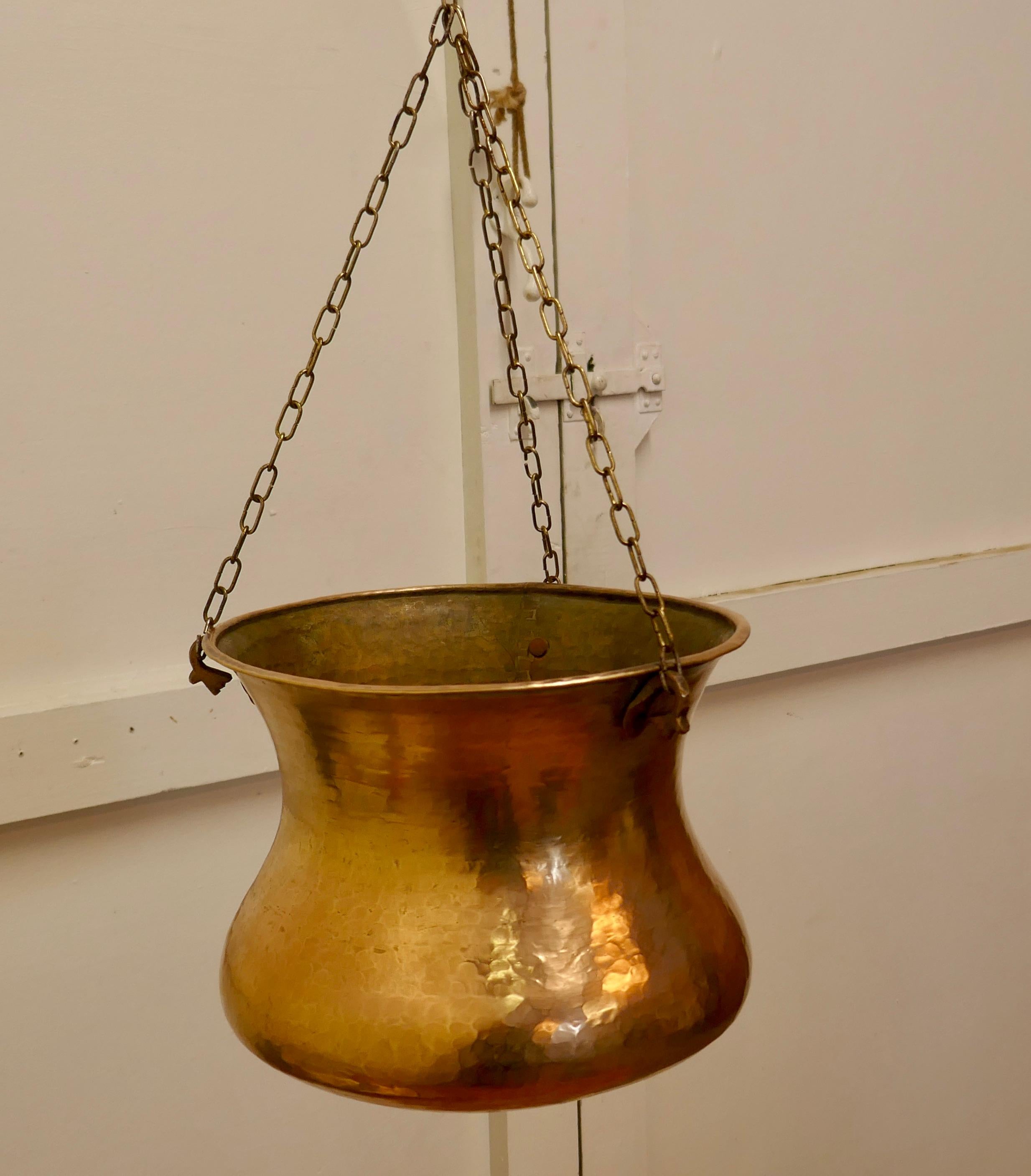 Folk Art 19th Century Hand Beaten Brass Cooking Pot, Cauldron  For Sale