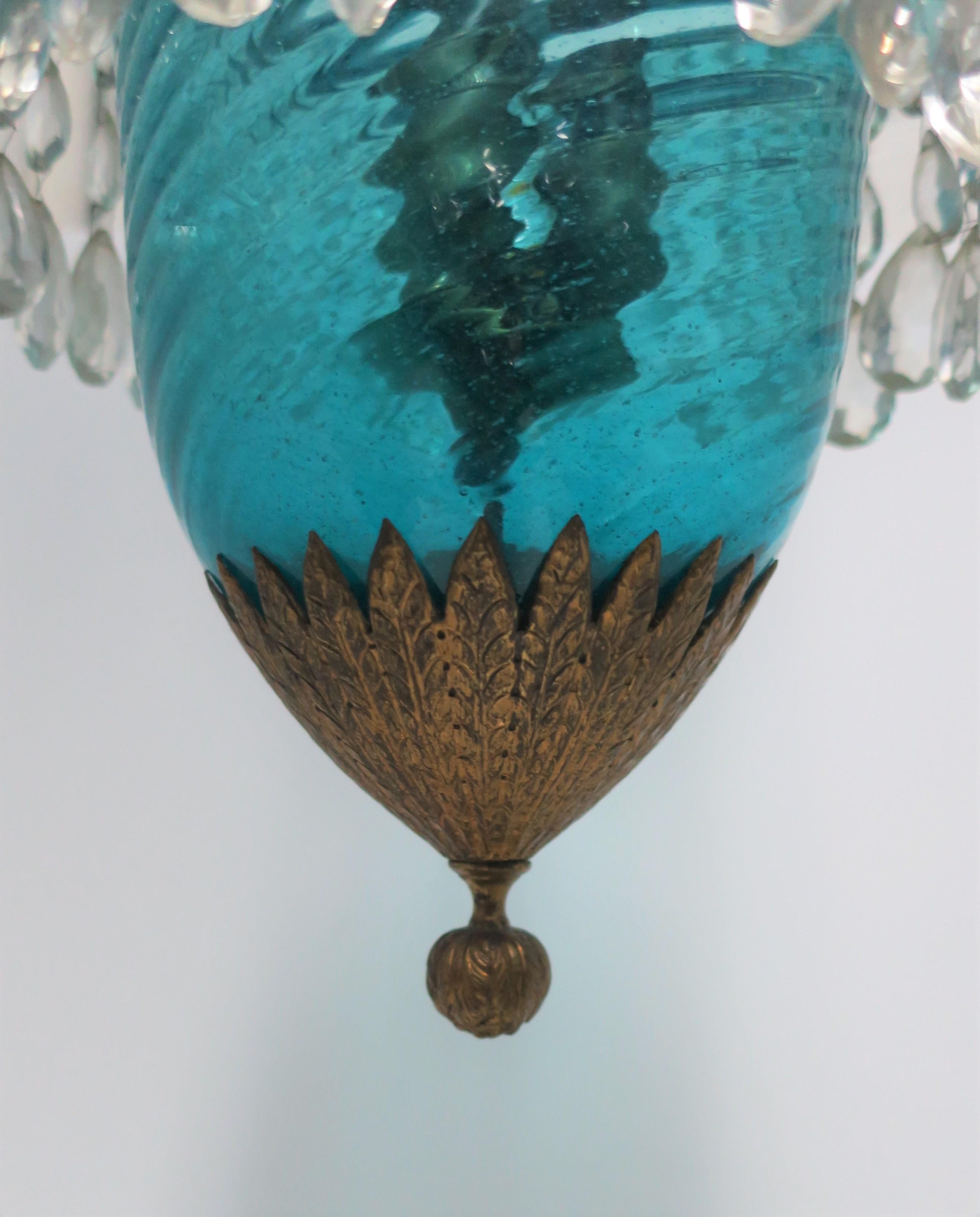 Gilt Bronze Blue Glass Bell Jar & Crystals Chandelier Pendant Light, 19th c For Sale 3