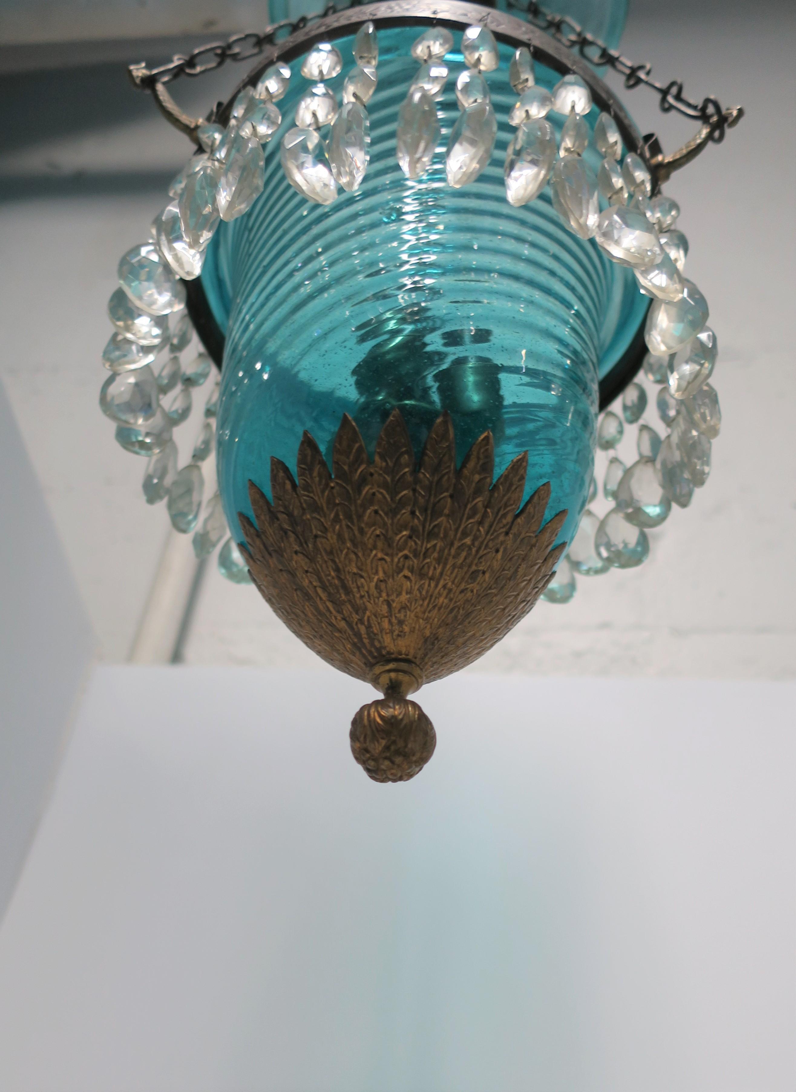 Gilt Bronze Blue Glass Bell Jar & Crystals Chandelier Pendant Light, 19th c For Sale 4