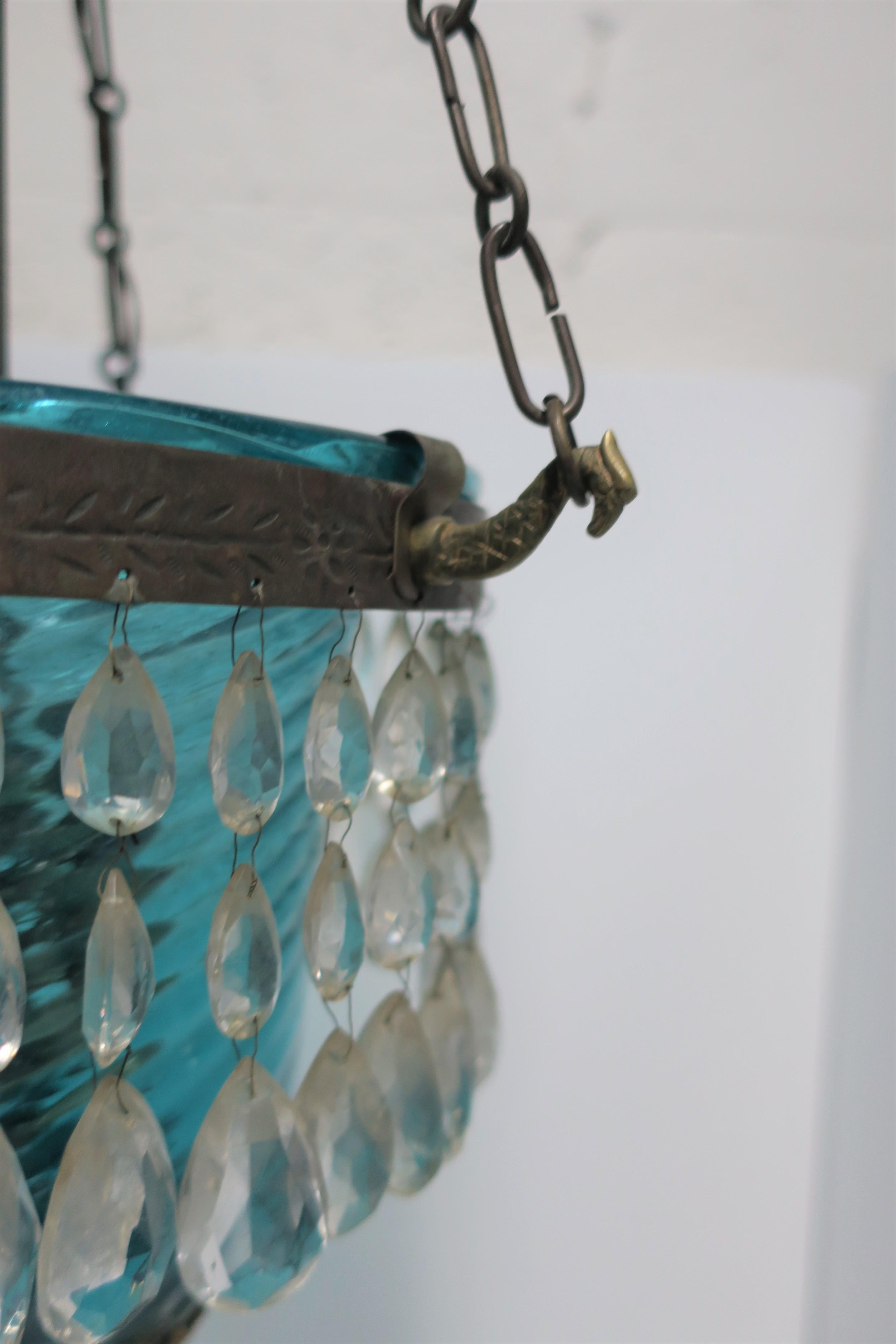 Gilt Bronze Blue Glass Bell Jar & Crystals Chandelier Pendant Light, 19th c For Sale 6
