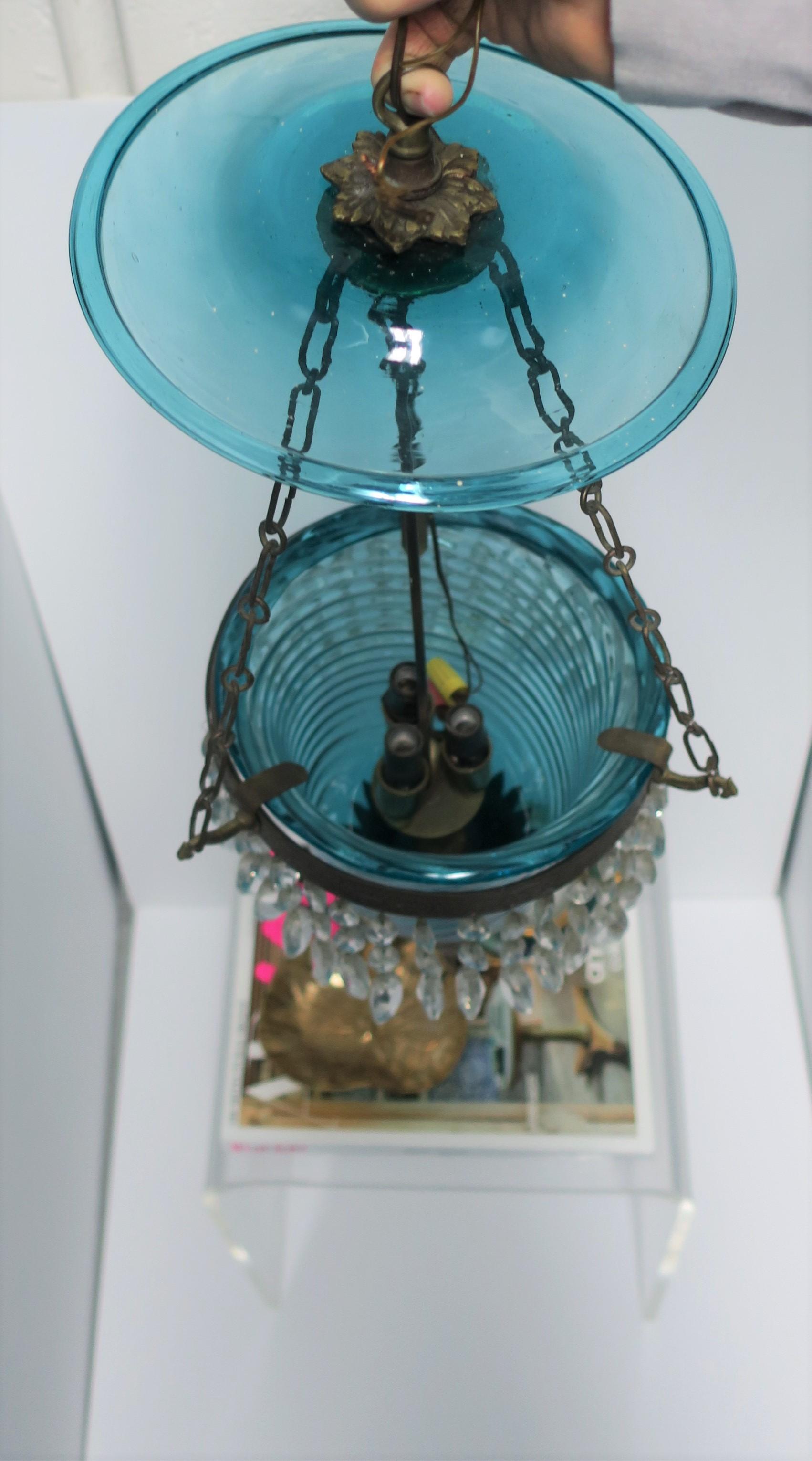 Gilt Bronze Blue Glass Bell Jar & Crystals Chandelier Pendant Light, 19th c For Sale 7