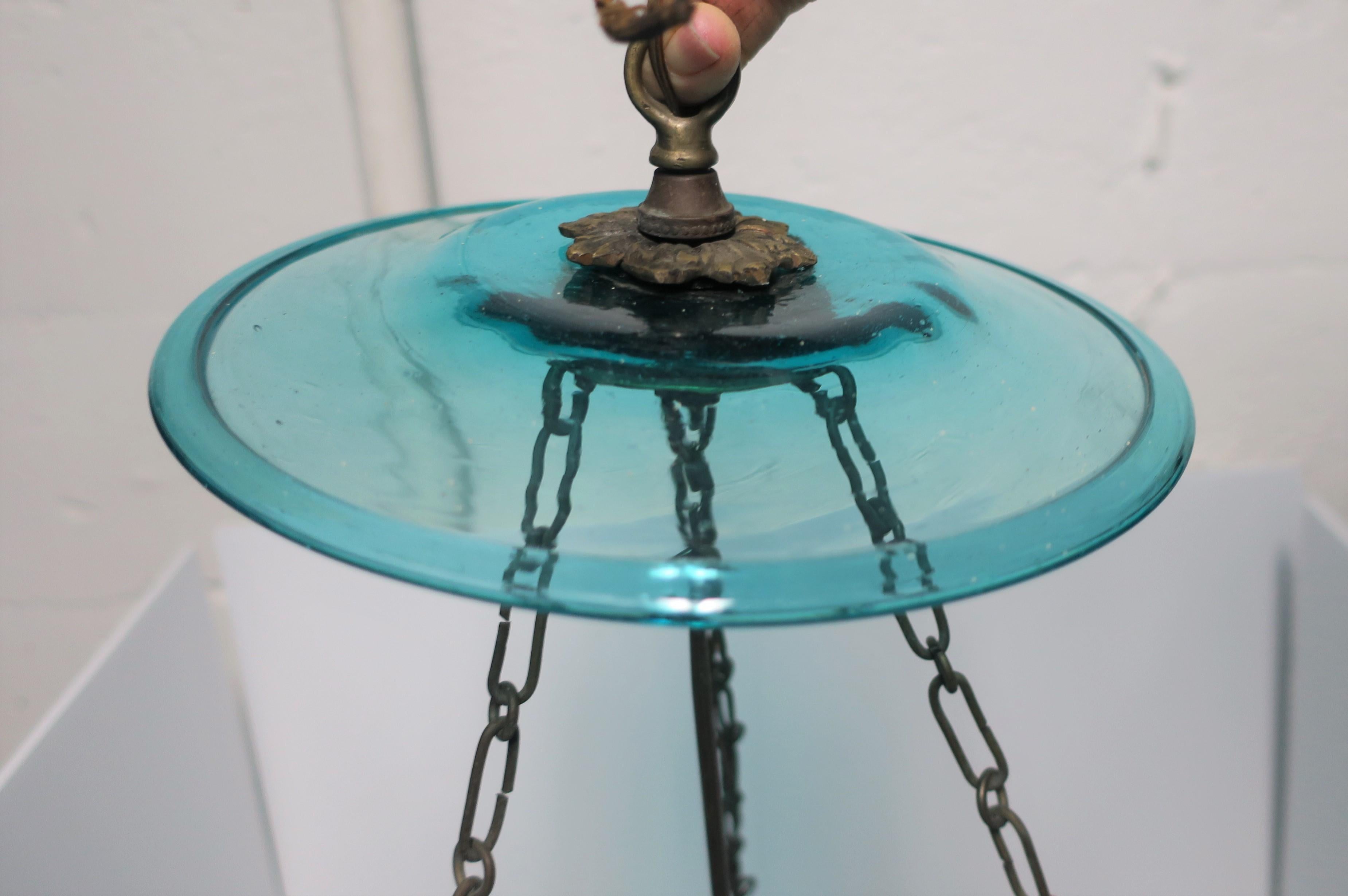 Gilt Bronze Blue Glass Bell Jar & Crystals Chandelier Pendant Light, 19th c For Sale 9