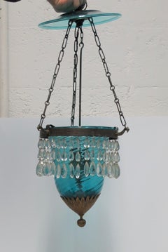 Bell Jar Gilt Bronze Blue Glass Crystal Chandelier Pendant Light, 19th c