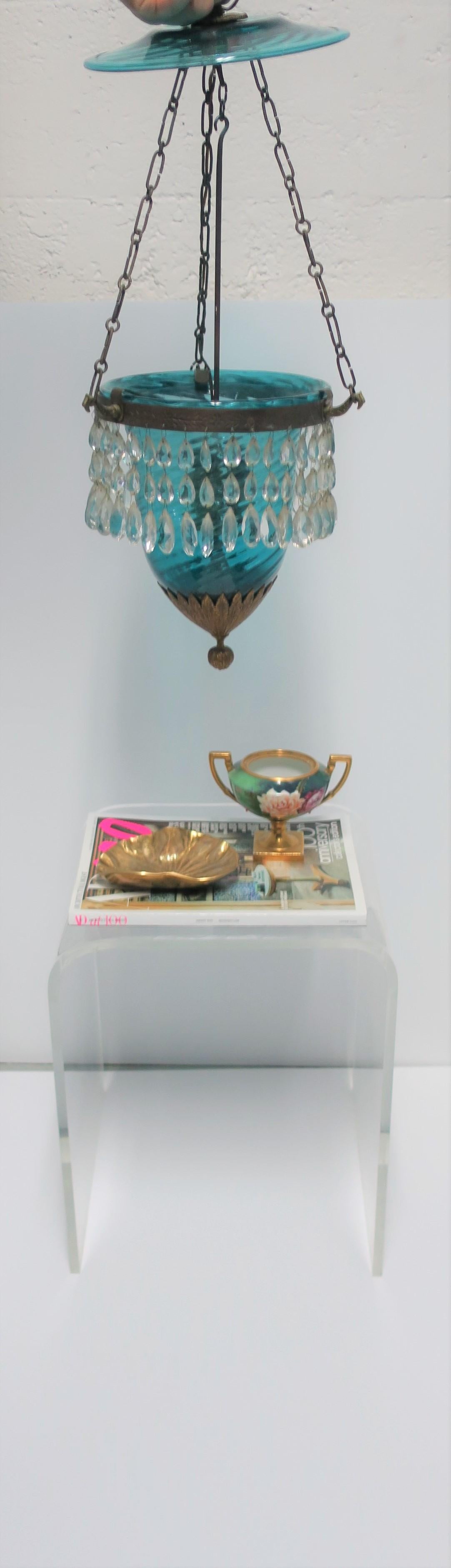 European Gilt Bronze Blue Glass Bell Jar & Crystals Chandelier Pendant Light, 19th c For Sale