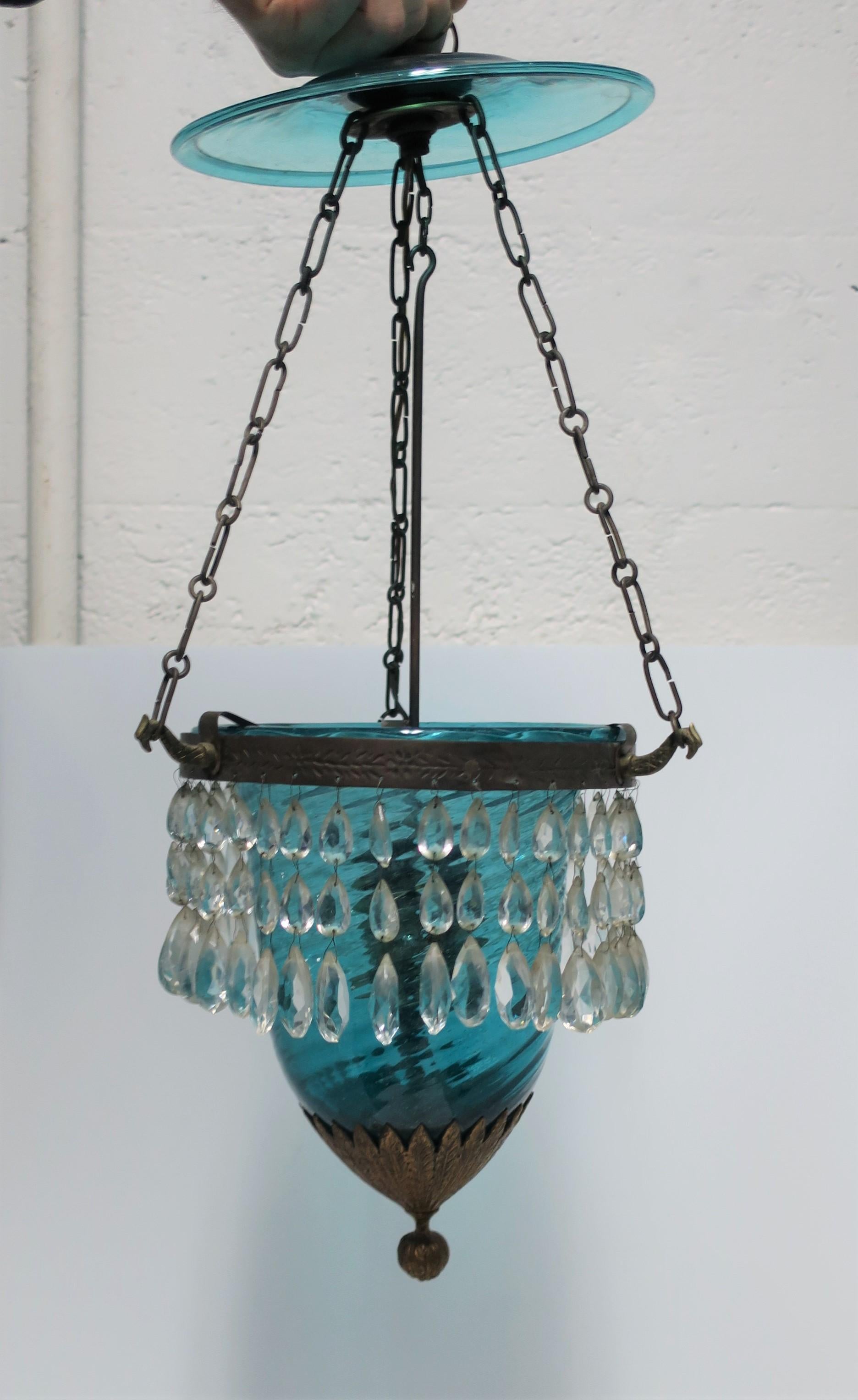 19th Century Gilt Bronze Blue Glass Bell Jar & Crystals Chandelier Pendant Light, 19th c For Sale