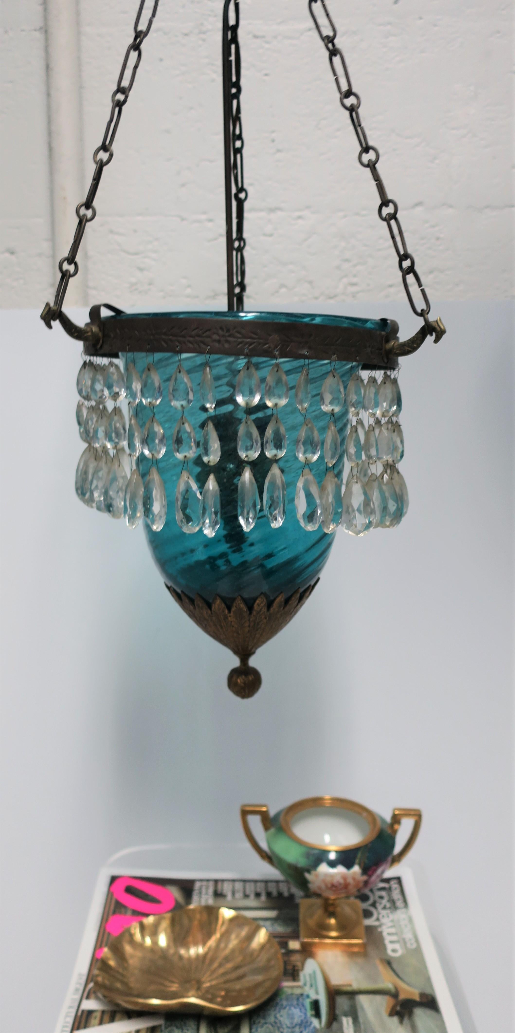 Gilt Bronze Blue Glass Bell Jar & Crystals Chandelier Pendant Light, 19th c For Sale 1