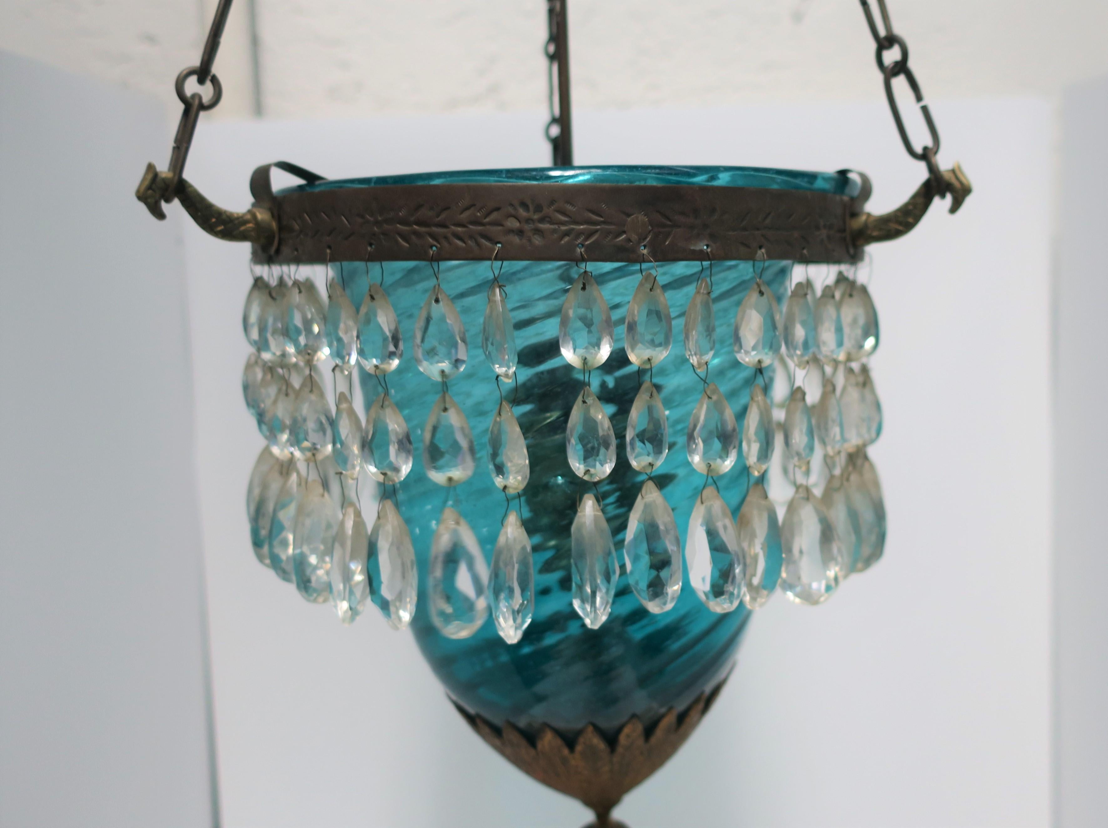 Gilt Bronze Blue Glass Bell Jar & Crystals Chandelier Pendant Light, 19th c For Sale 2