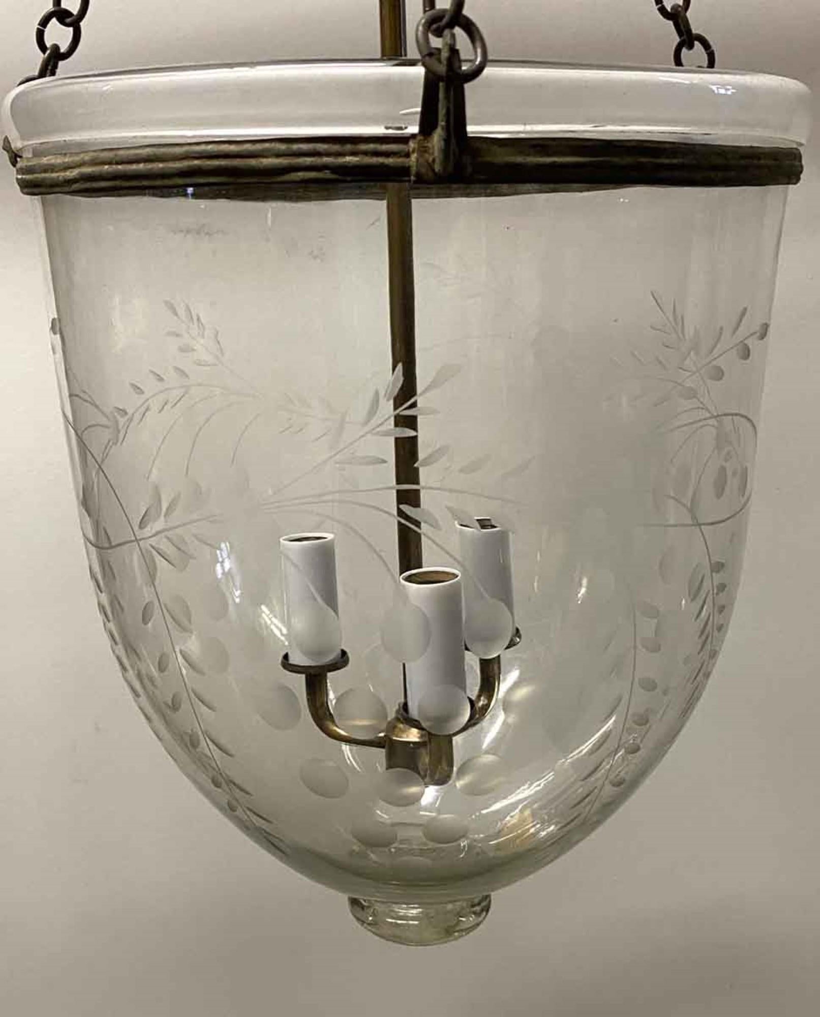 Victorian 19th Century Hand Blown English Bell Jar Pendant Lantern with Etched Vines