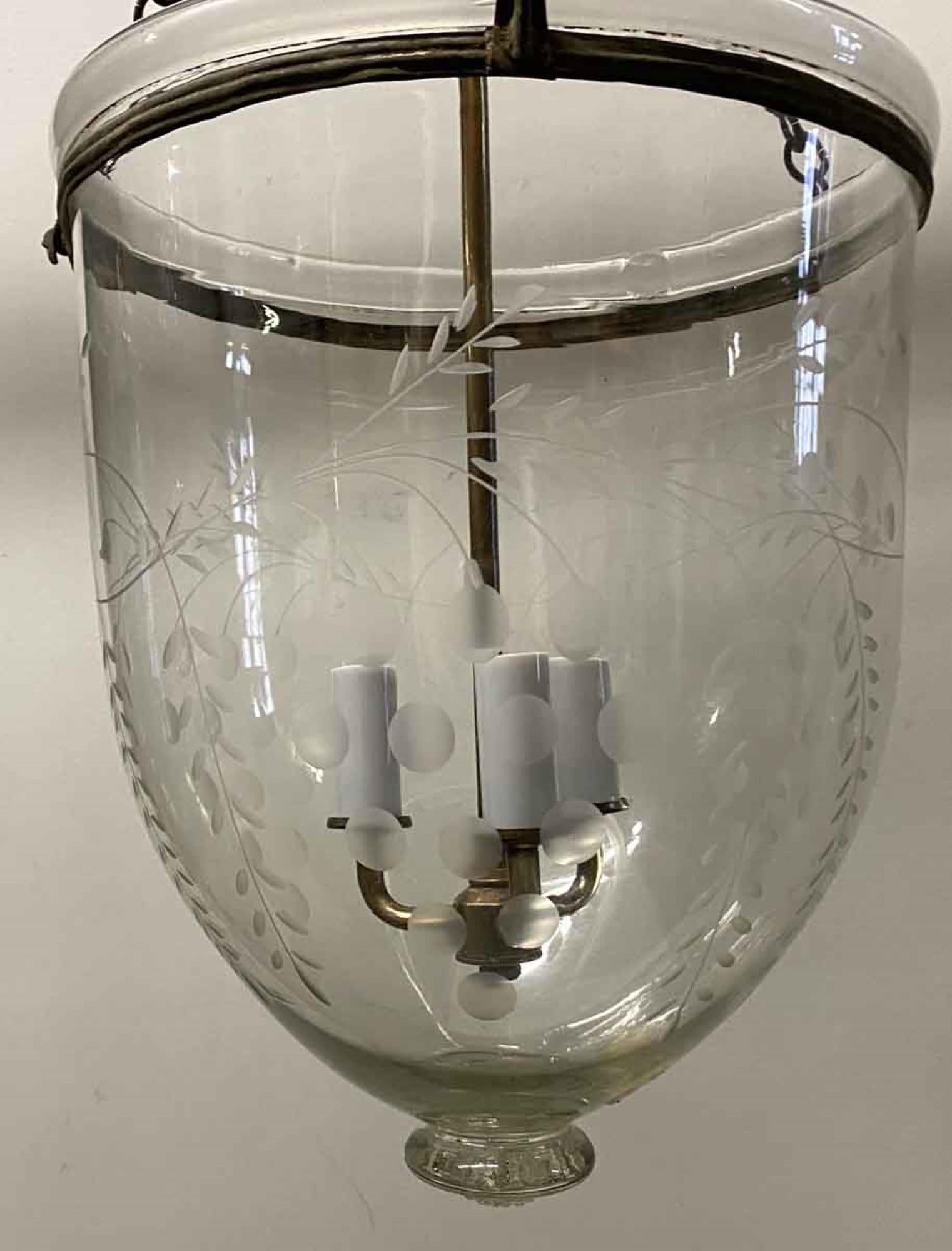19th Century Hand Blown English Bell Jar Pendant Lantern with Etched Vines In Good Condition In New York, NY