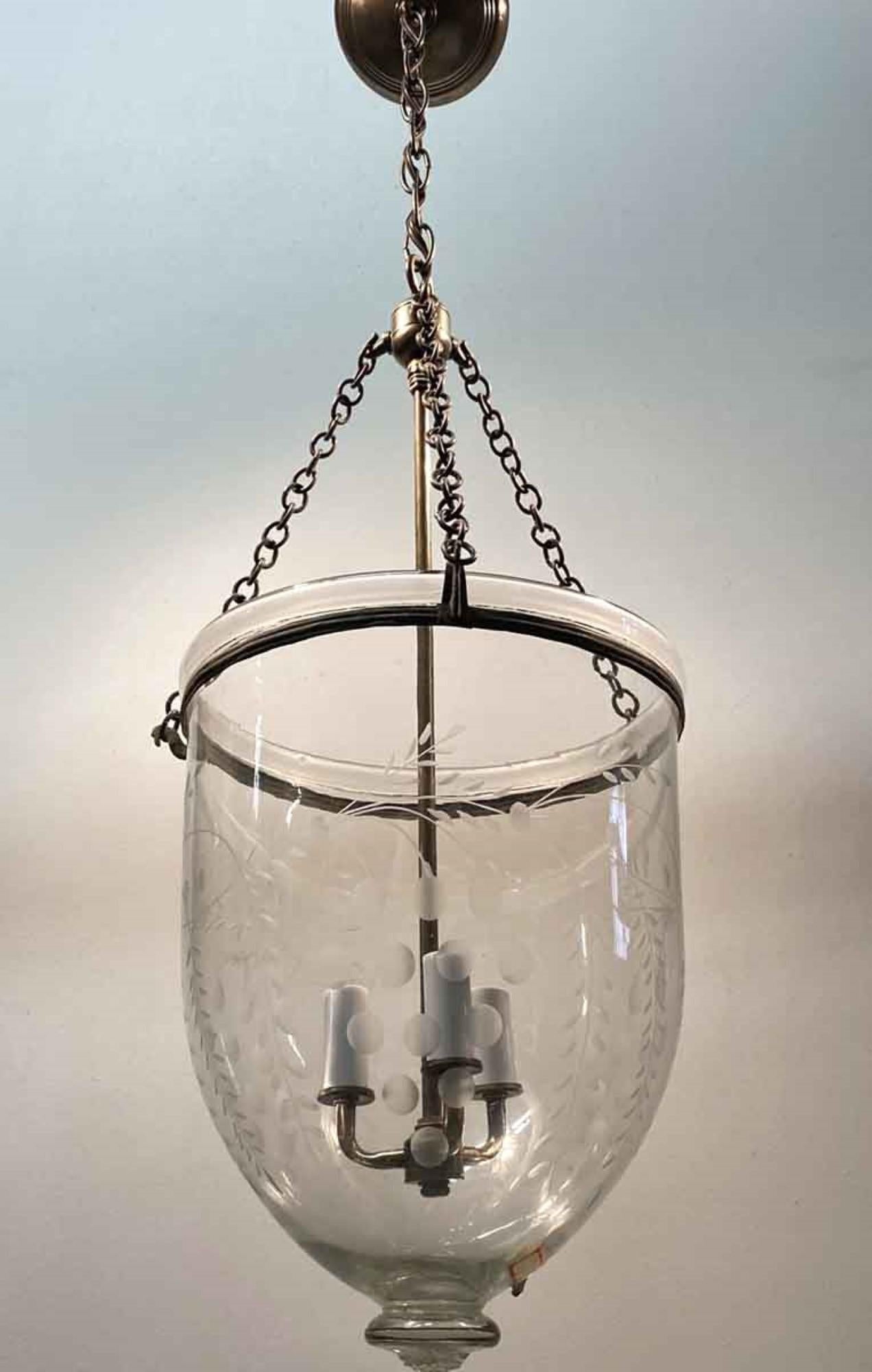 Brass 19th Century Hand Blown English Bell Jar Pendant Lantern with Etched Vines