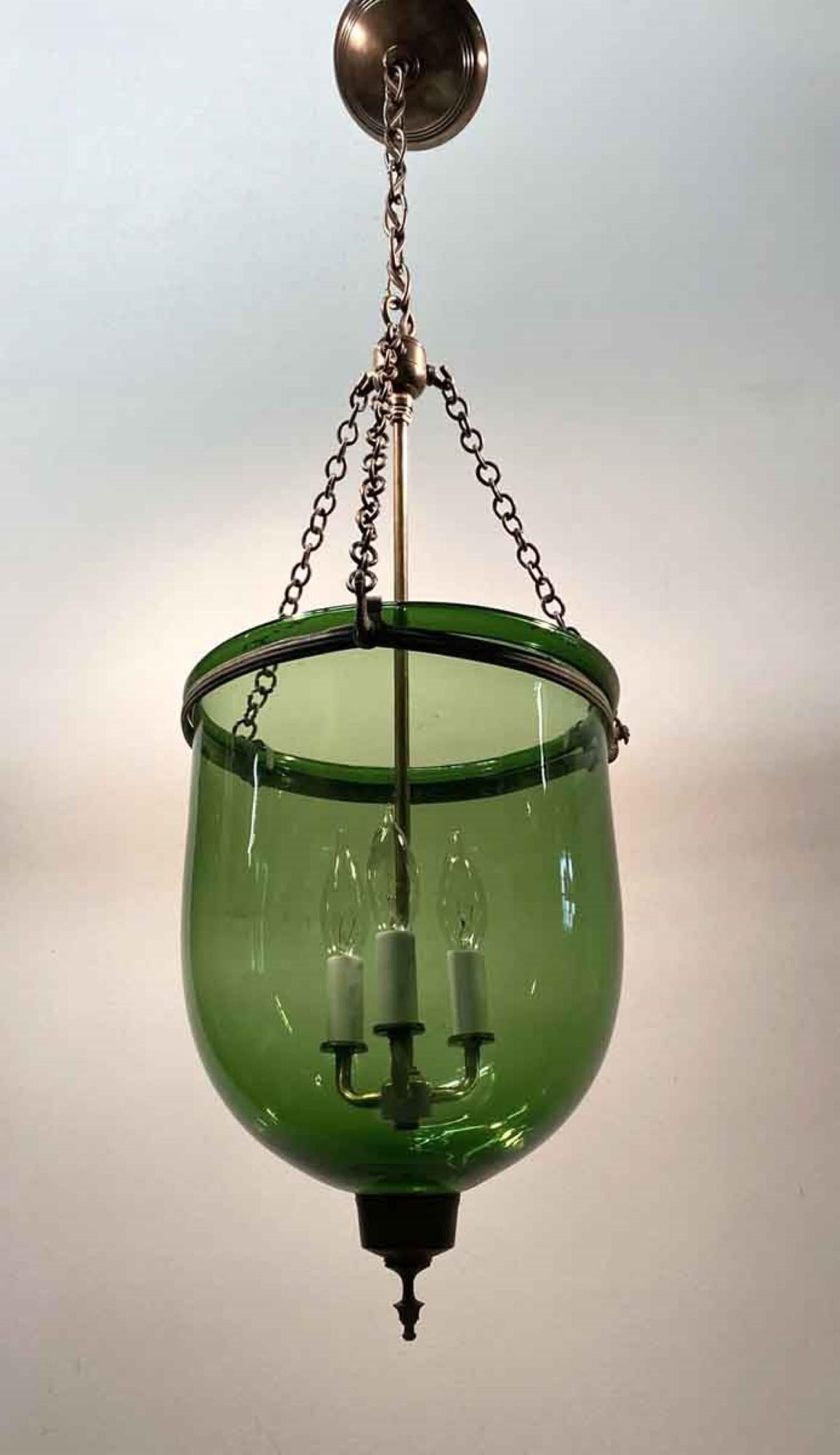 Unknown 19th Century Hand Blown Green Glass Bell Jar Pendant Light with New Hardware