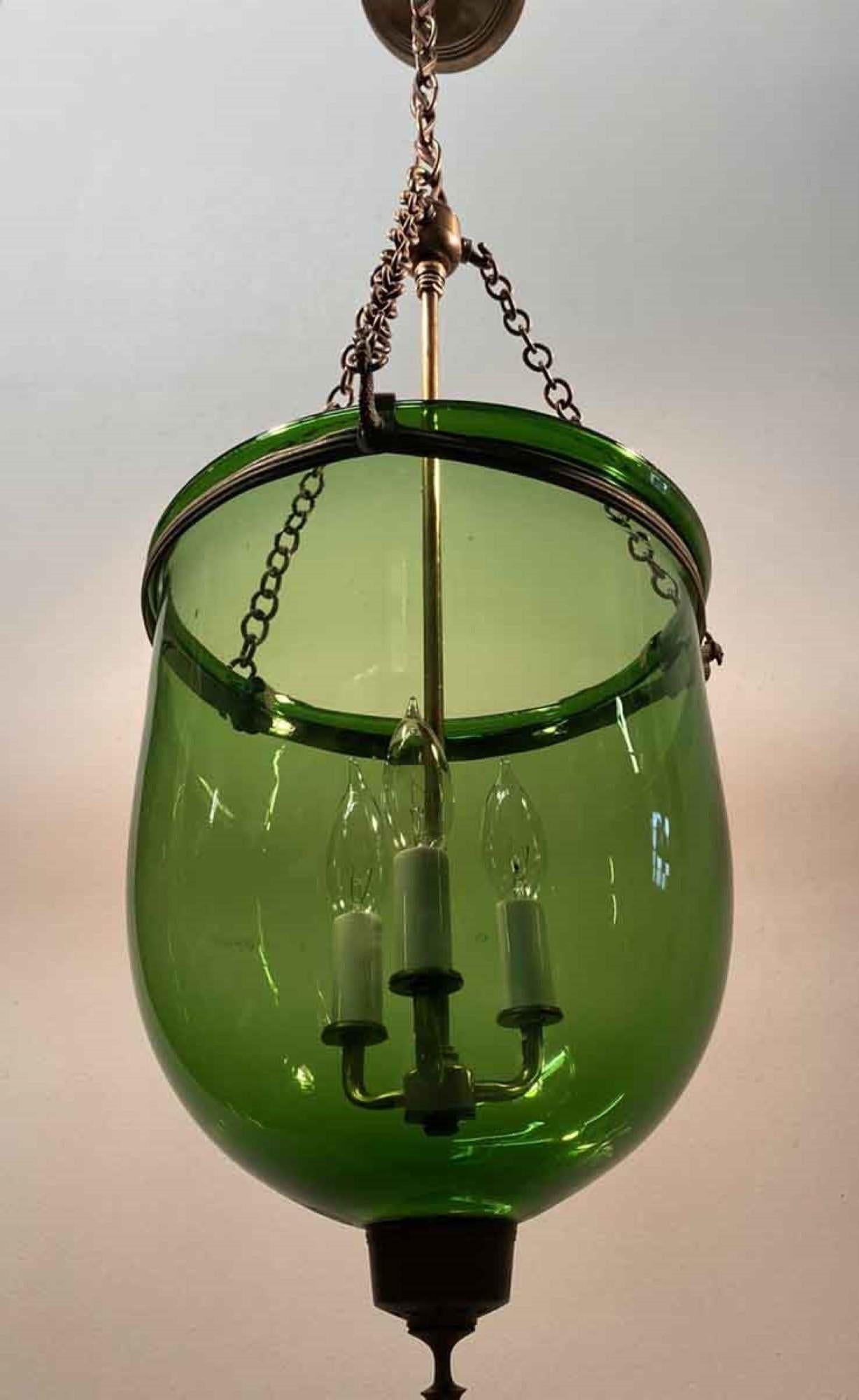 19th Century Hand Blown Green Glass Bell Jar Pendant Light with New Hardware In Good Condition In New York, NY