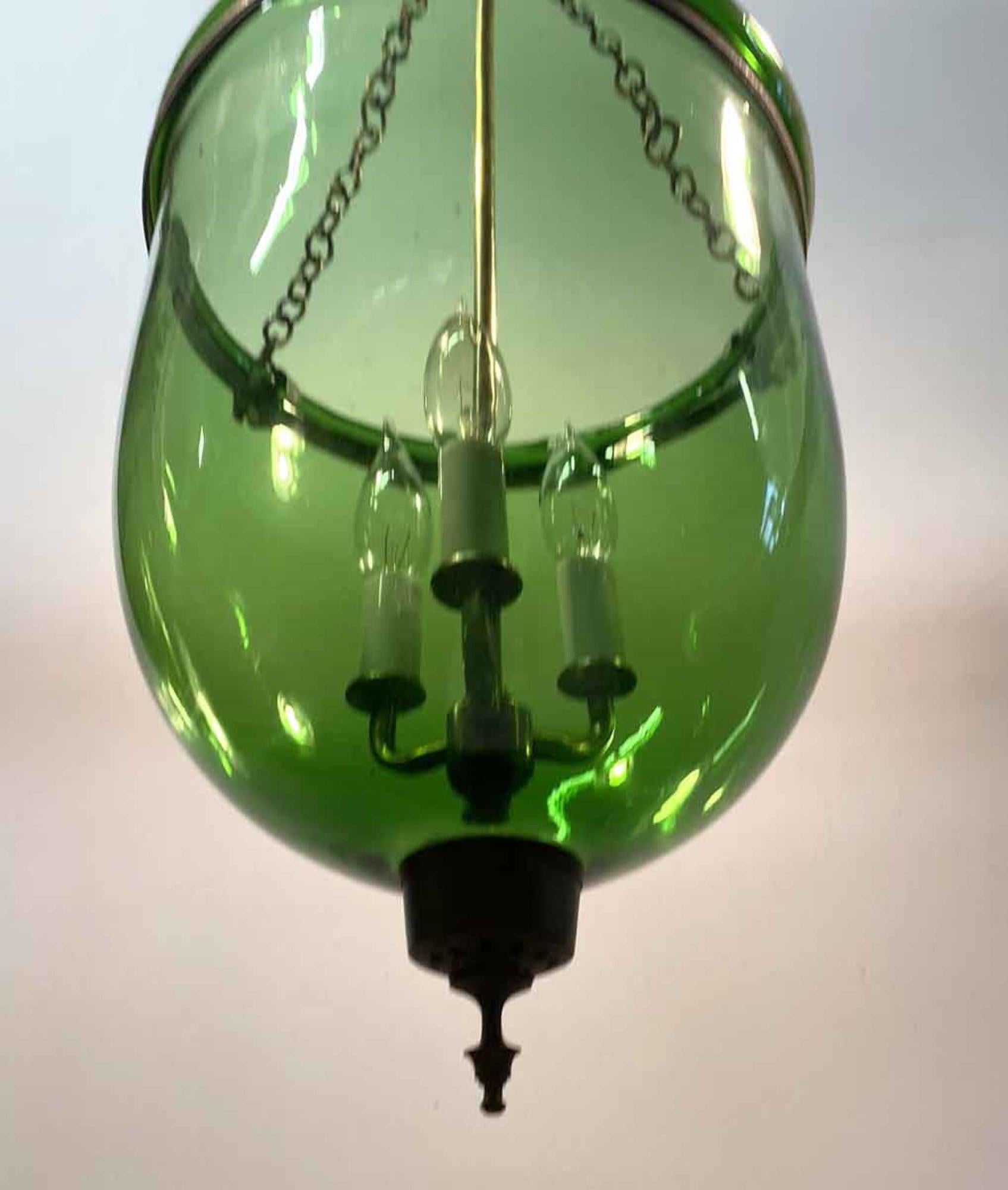 Brass 19th Century Hand Blown Green Glass Bell Jar Pendant Light with New Hardware
