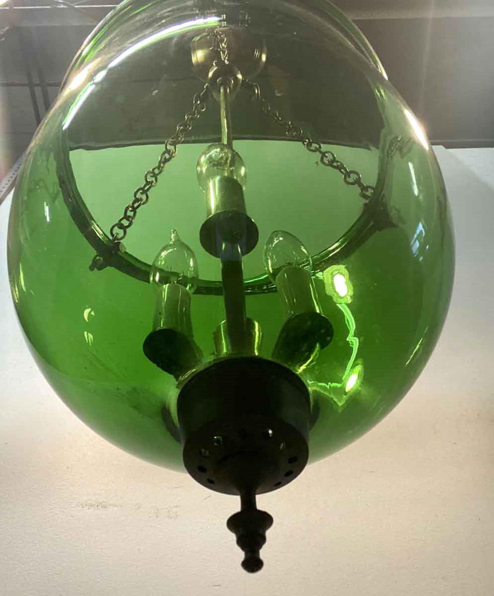 19th Century Hand Blown Green Glass Bell Jar Pendant Light with New Hardware 1
