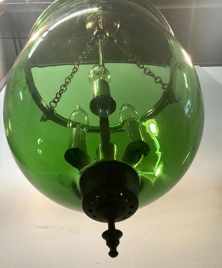 19th Century Hand Blown Green Glass Bell Jar Pendant Light with New