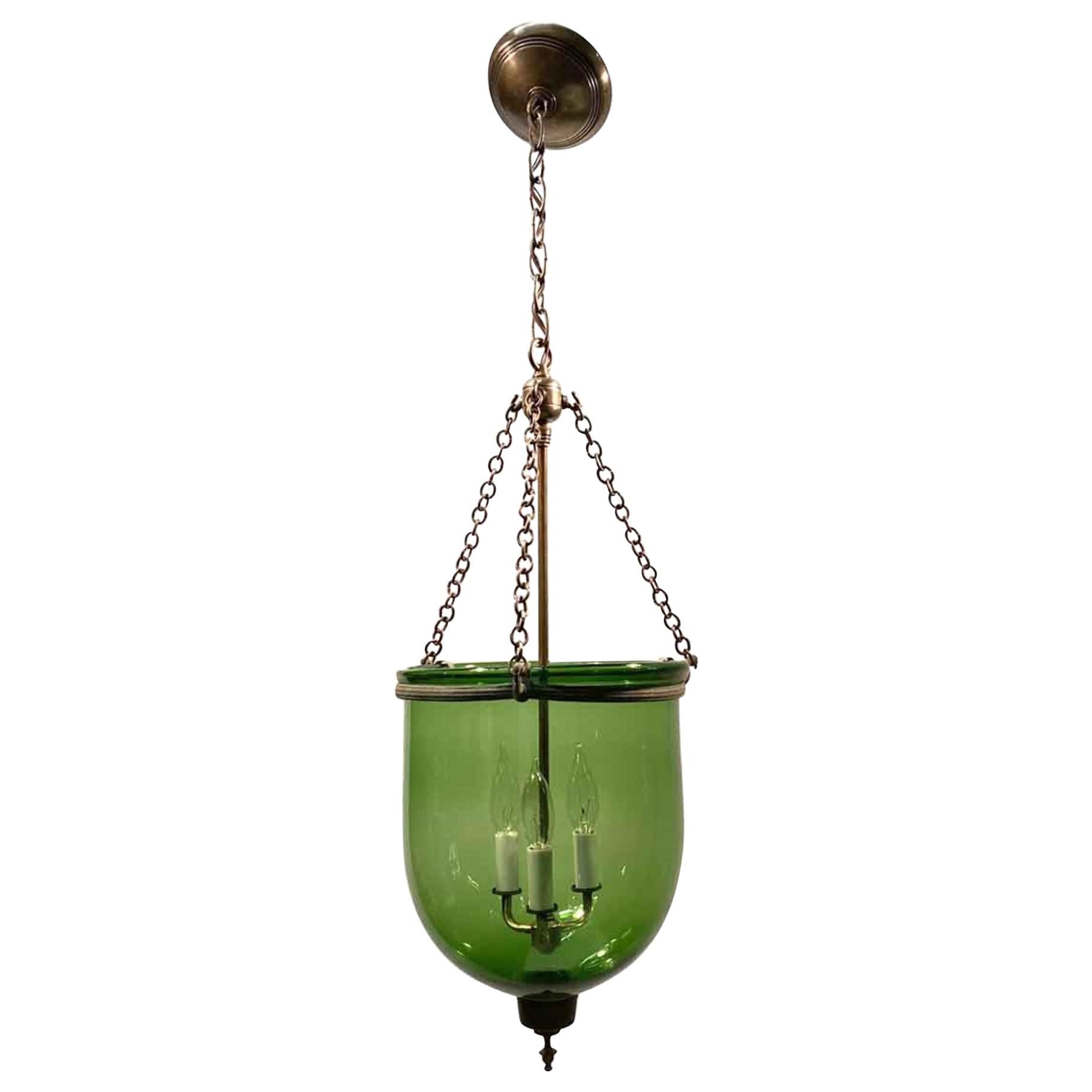 19th Century Hand Blown Green Glass Bell Jar Pendant Light with New Hardware